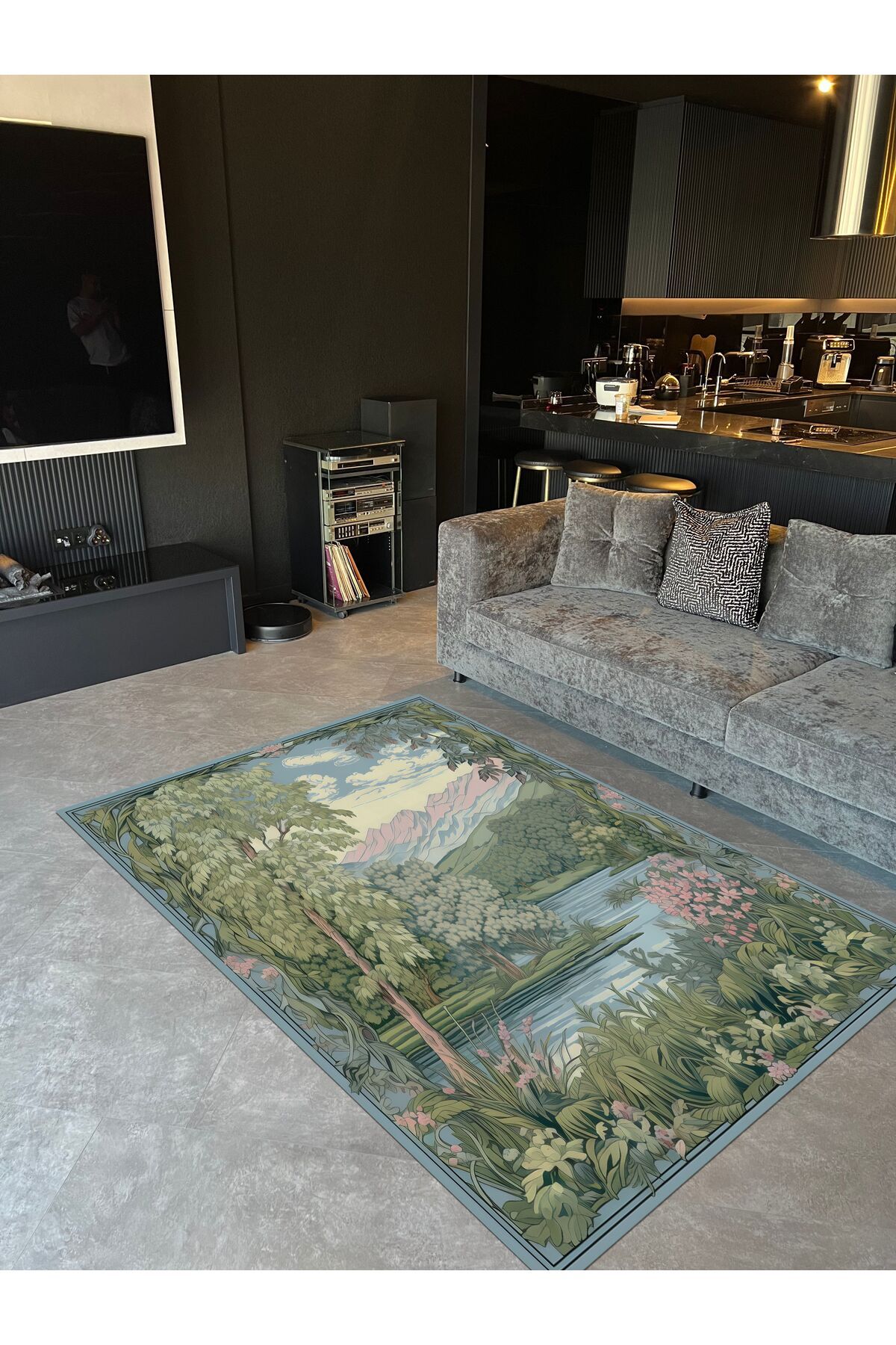 Paris Koleksiyonu Mavi Yeşil Tonlarda Doğa Desenli Modern Dekoratif Halı paris10