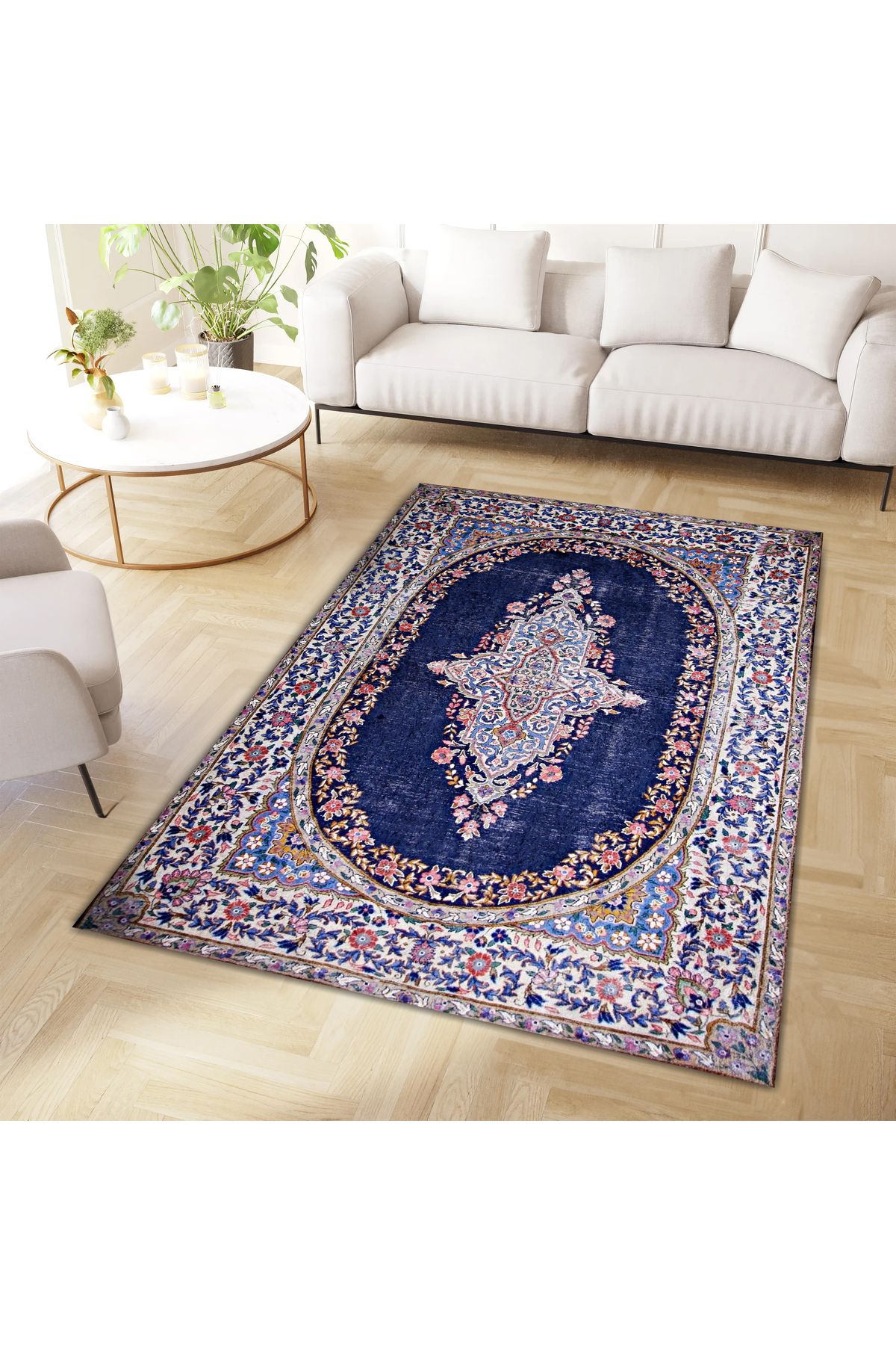 Mete Koleksiyonu Lacivert Temalı Geleneksel Motifli Bohem Tarz Desenli Vintage Dekoratif Halı 13