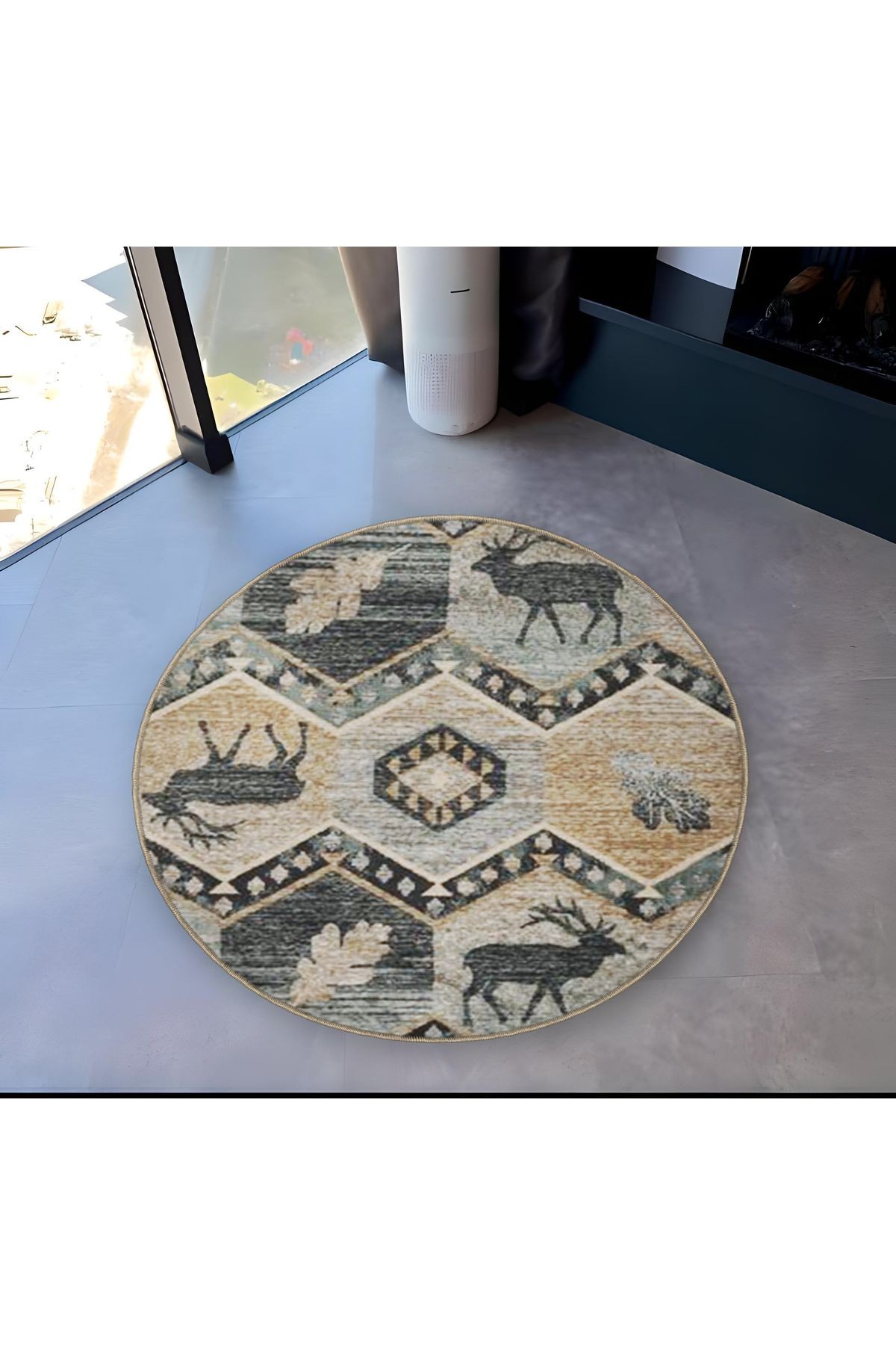 Mira Yuvarlak Gri Bej Vintage Geyik Detaylı Dokuma Taban Modern Dekoratif Halı 5585