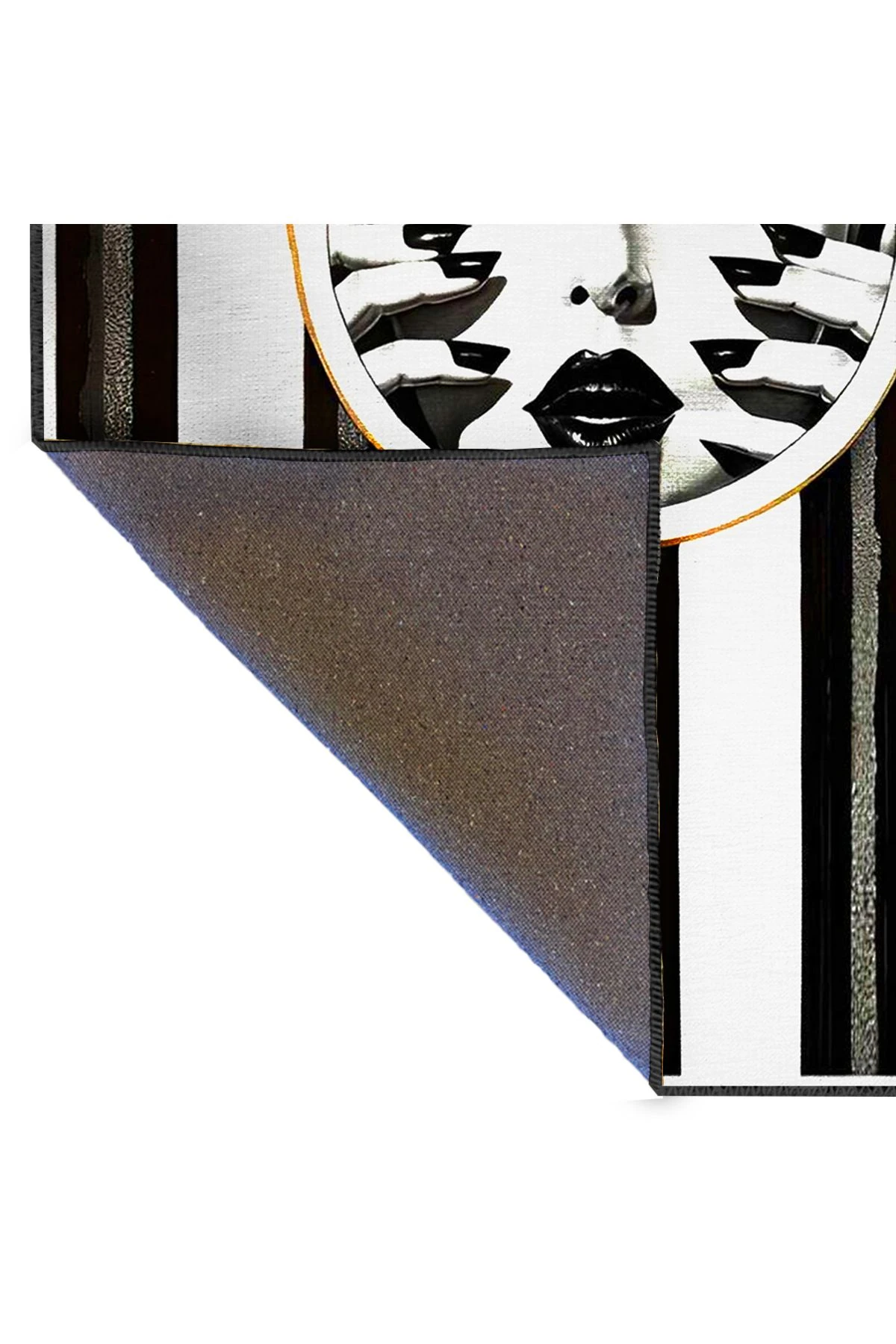 Siyah Beyaz Çizgi Temalı Modern Yüz Desenli Dokuma Taban Halı ve Yıkanabilir Halı miraface01