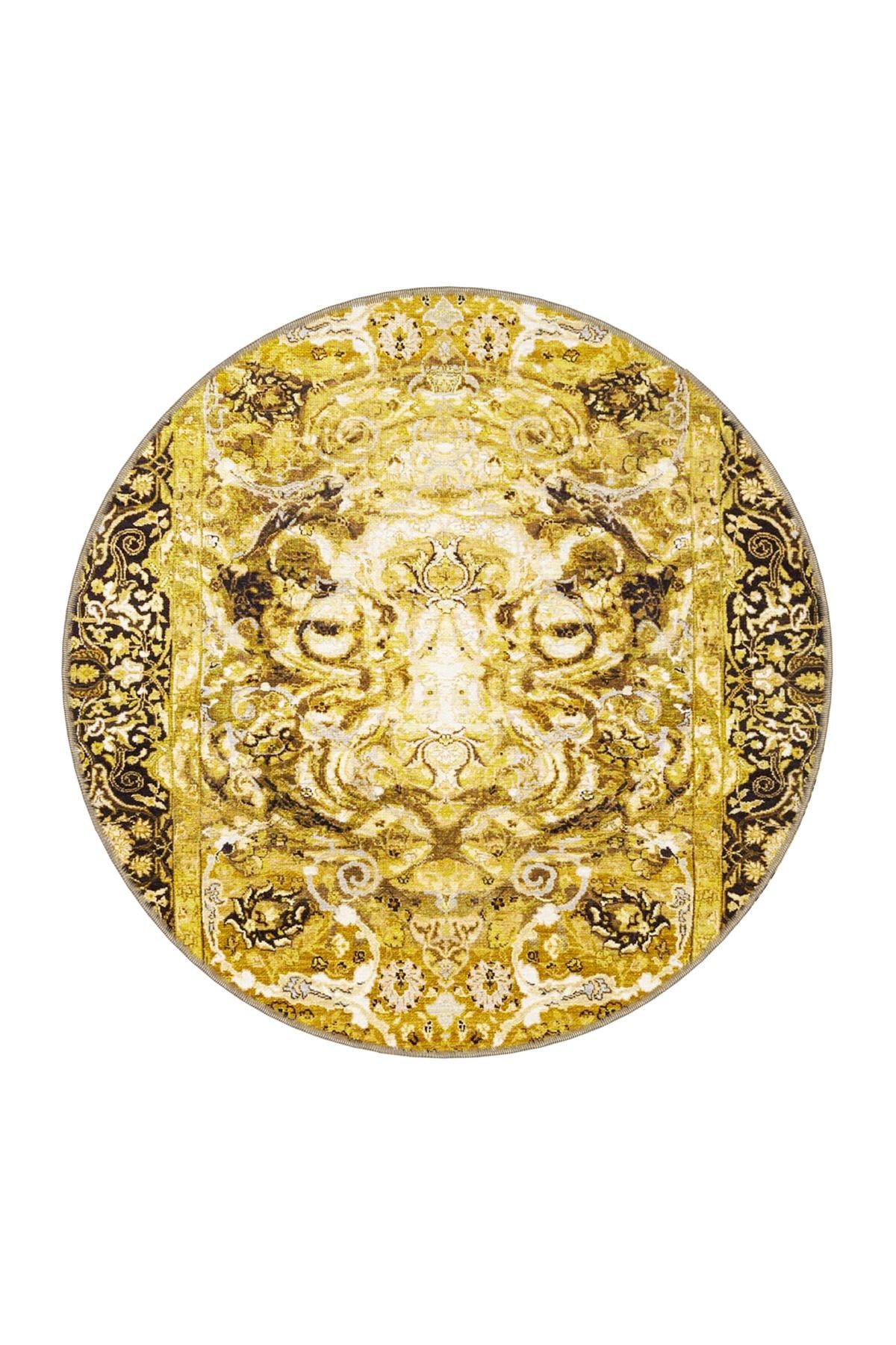 Sarı Temalı Geleneksel Motif Etnik Desenli Vintage Dekoratif Halı 3431