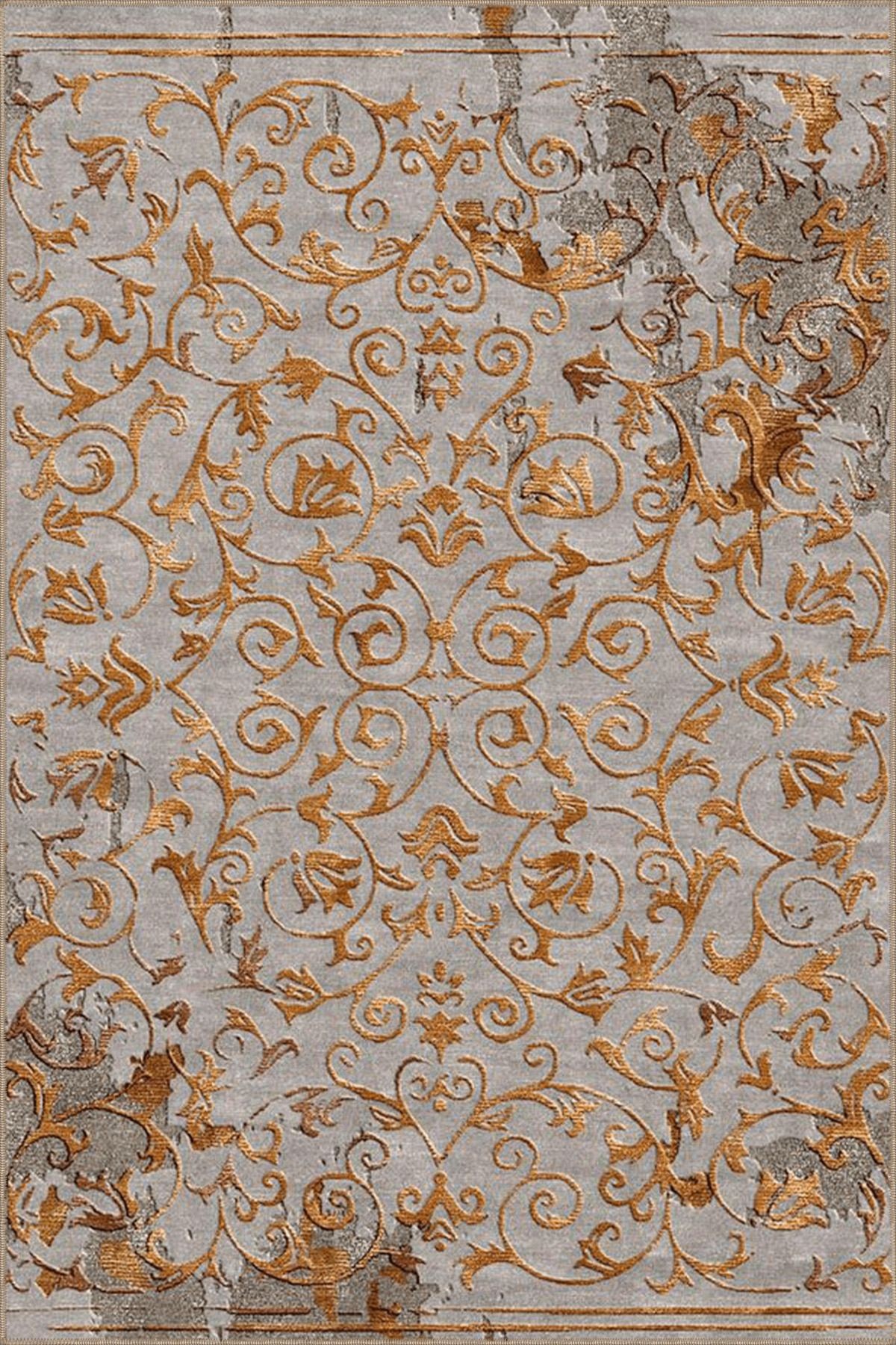 Turuncu Gri Temalı Geleneksel Motif Etnik Desenli Vintage Dekoratif Halı 4920