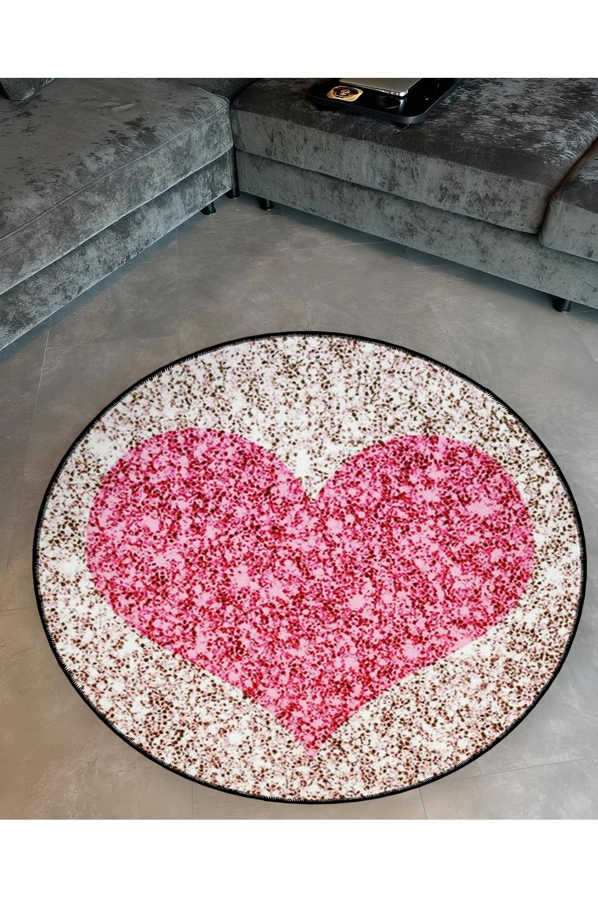 Mira Yuvarlak Koyu Pembe Kalp Detaylı Dokuma Taban Modern Dekoratif Halı 5595