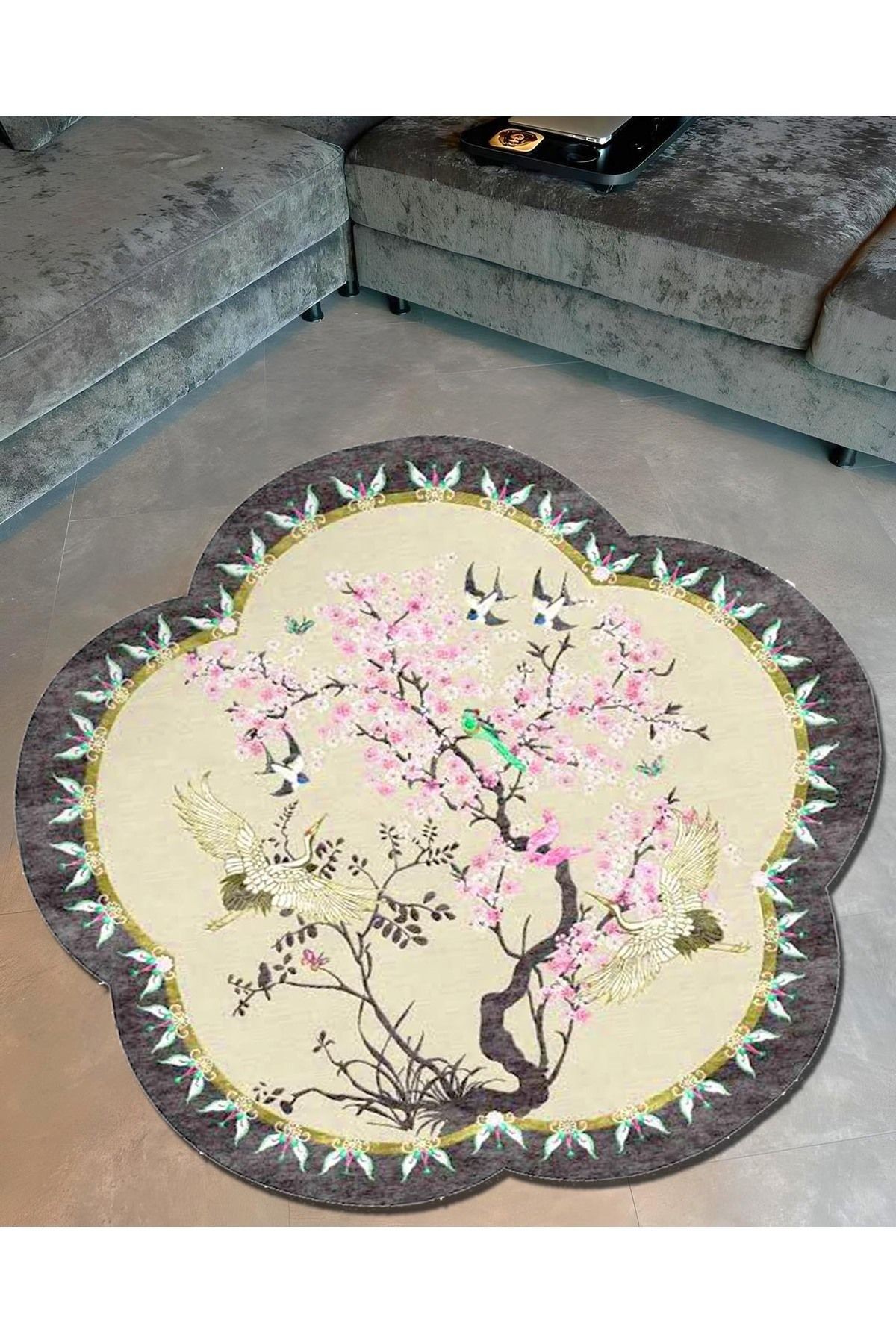 Güneş Koleksiyonu Sakura Çiçeği Desenli Yuvarlak Dokuma Taban Modern Dekoratif Halı günes32