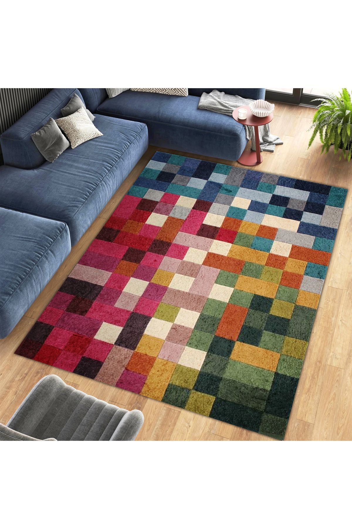 Kuzey Koleksiyonu Çok Renkli Kareli Desenli Dokuma Taban Dekoratif Halı kuzey36