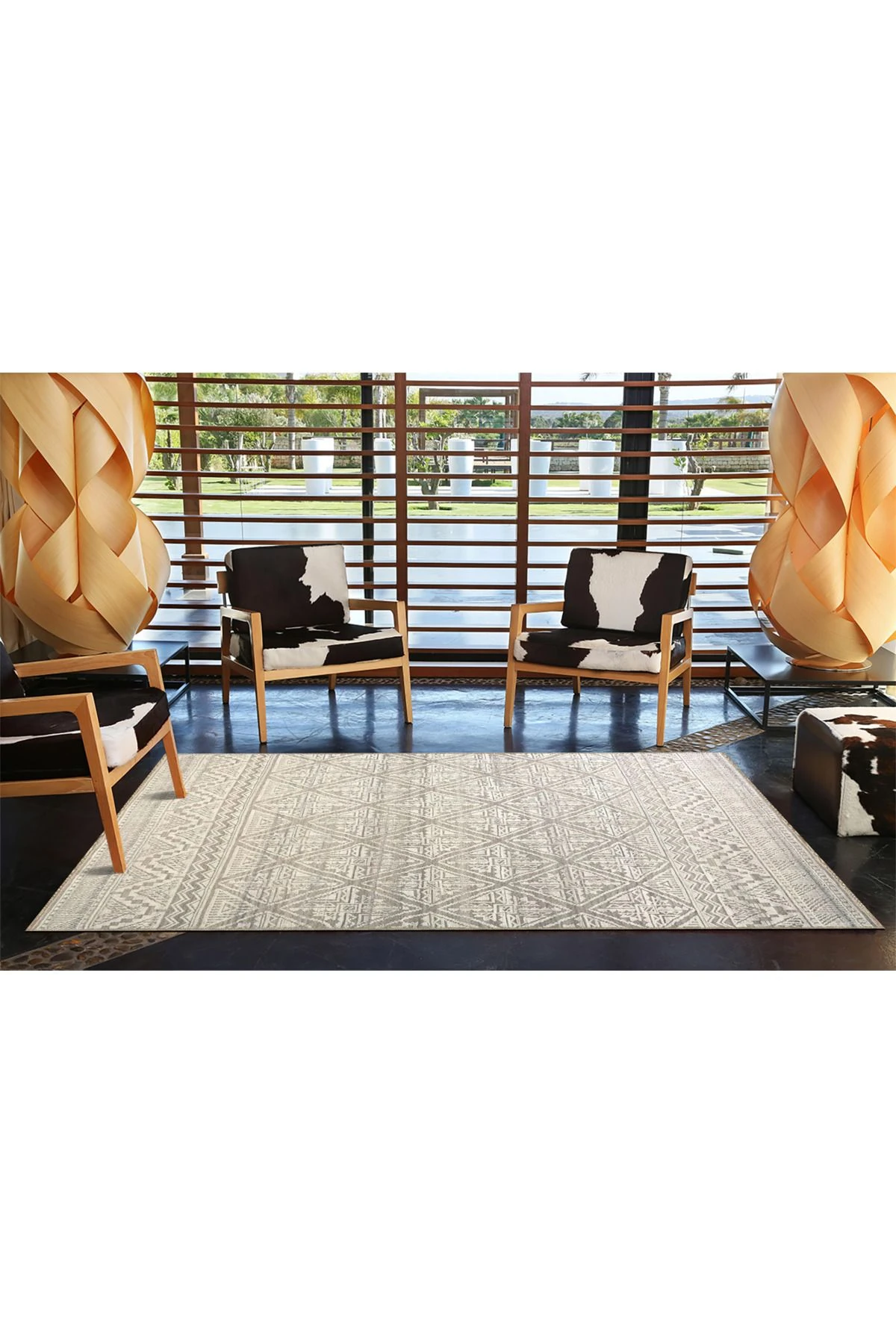 Gri Bej Temalı Motifli Geometrik Desenli Vintage Dekoratif Halı 3940