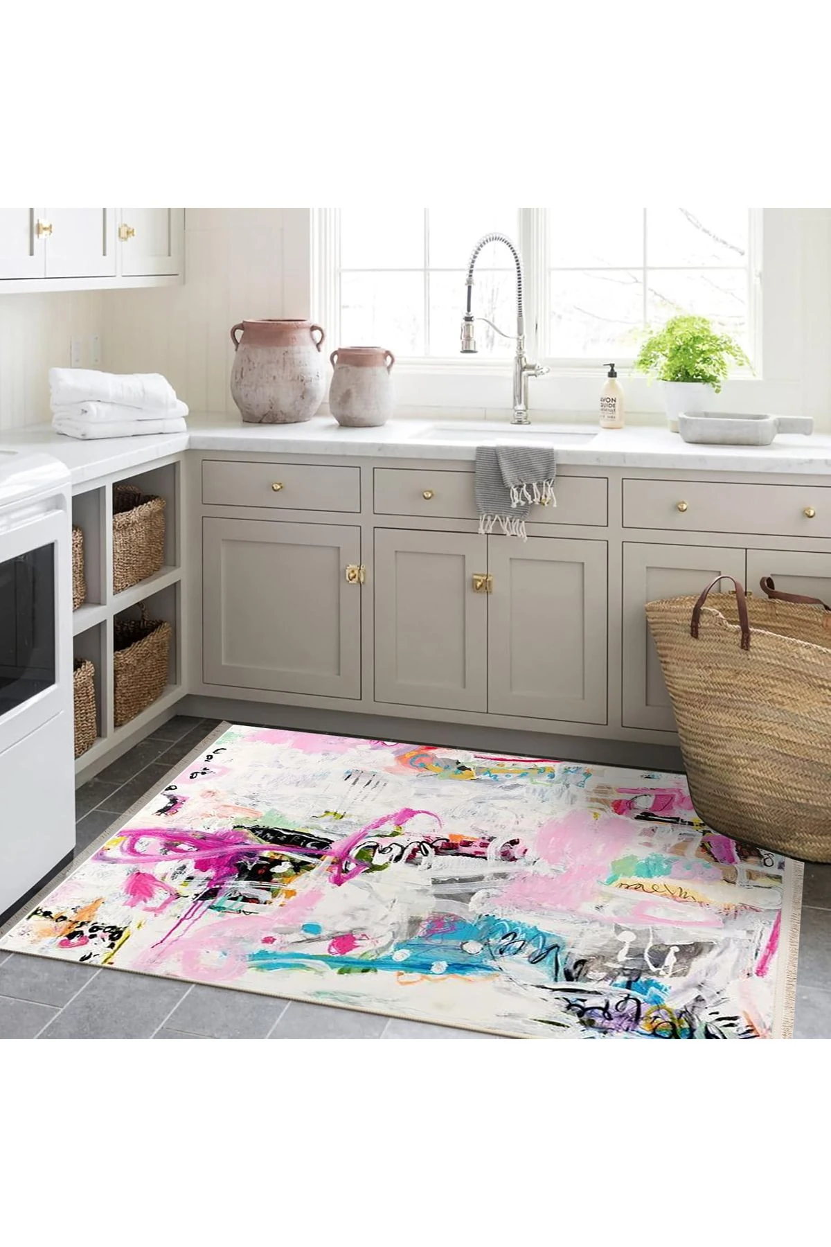 Özge Koleksiyonu Yağlı Boya Görünümlü Pembe Tonlu Soyut Desenli Dokuma Taban Dekoratif Halı özge24