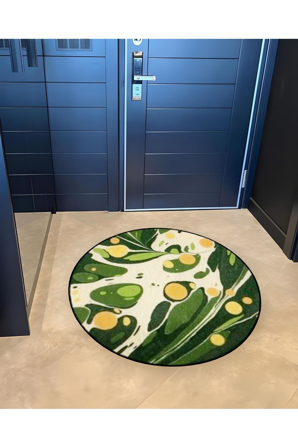 Yeşil Tema Soyut Ebruli Desenli Yuvarlak Dokuma Taban Modern Dekoratif Halı 6122