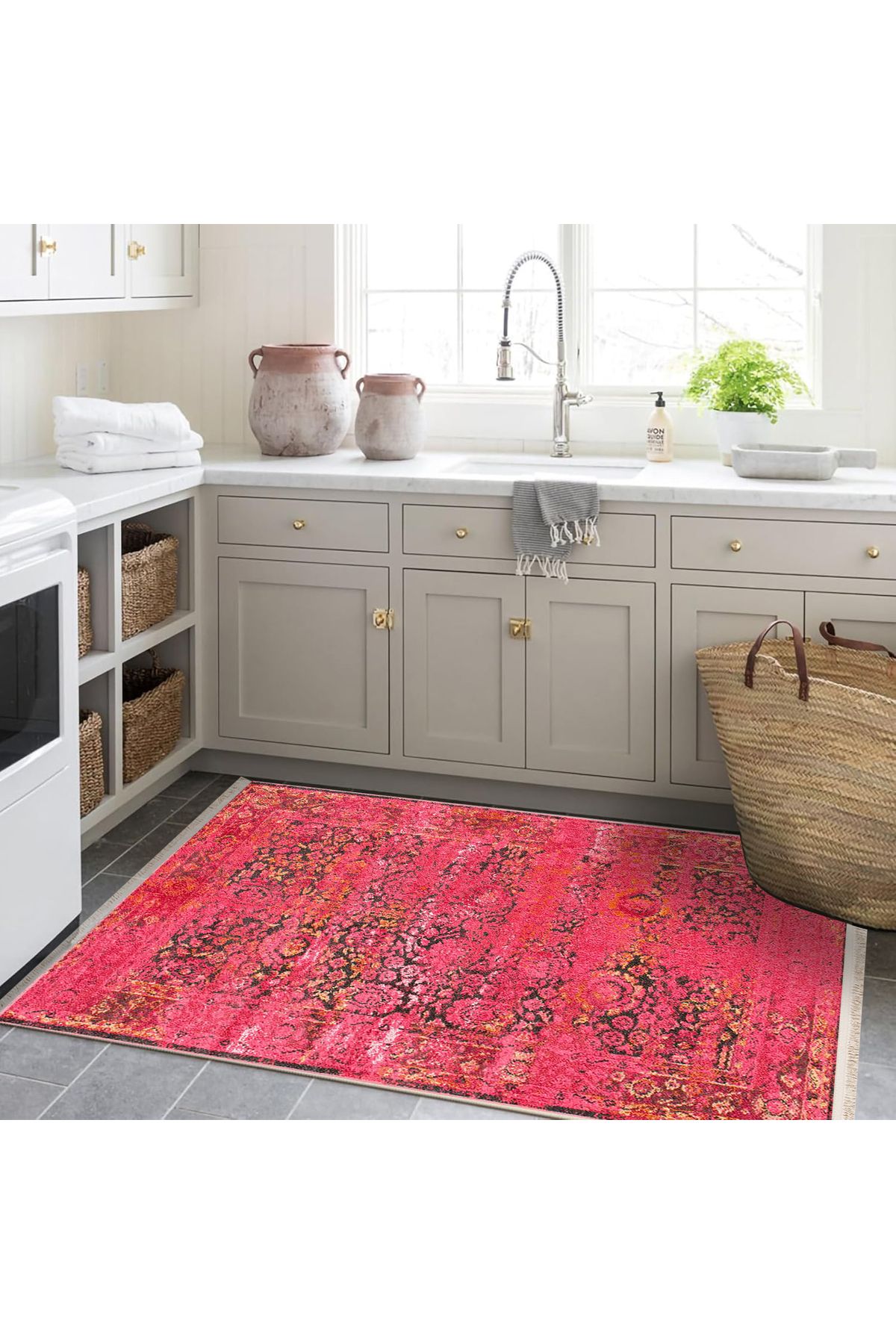 Güney Koleksiyonu Pembe Temalı Soyut Geleneksel Motif Ve Çiçek Desenli Vintage Dekoratif Halı 19