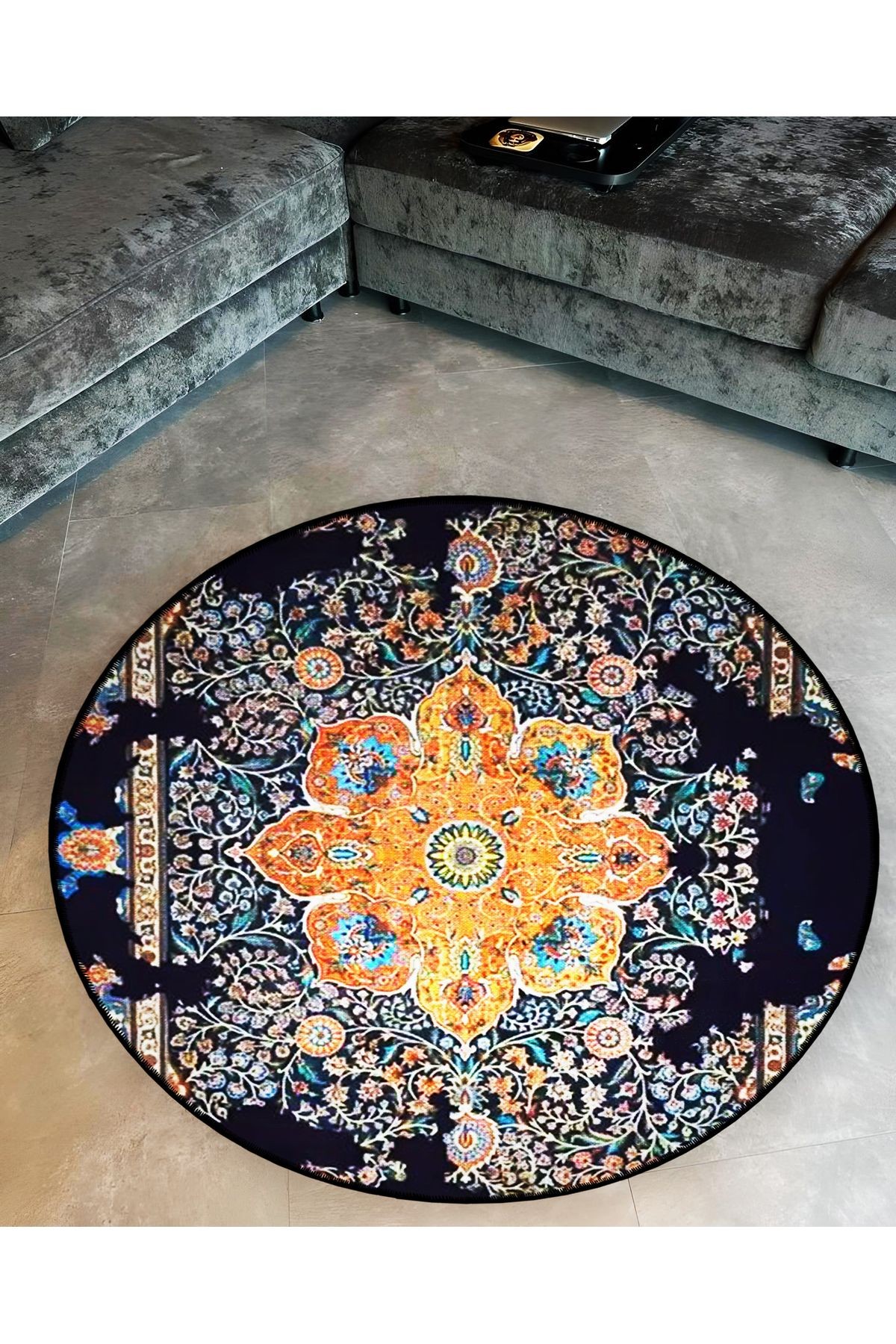 Mira Yuvarlak Lacivert Tonlarda Turuncu Detaylı Antik Desen Dokuma Taban Modern Dekoratif Halı 5705