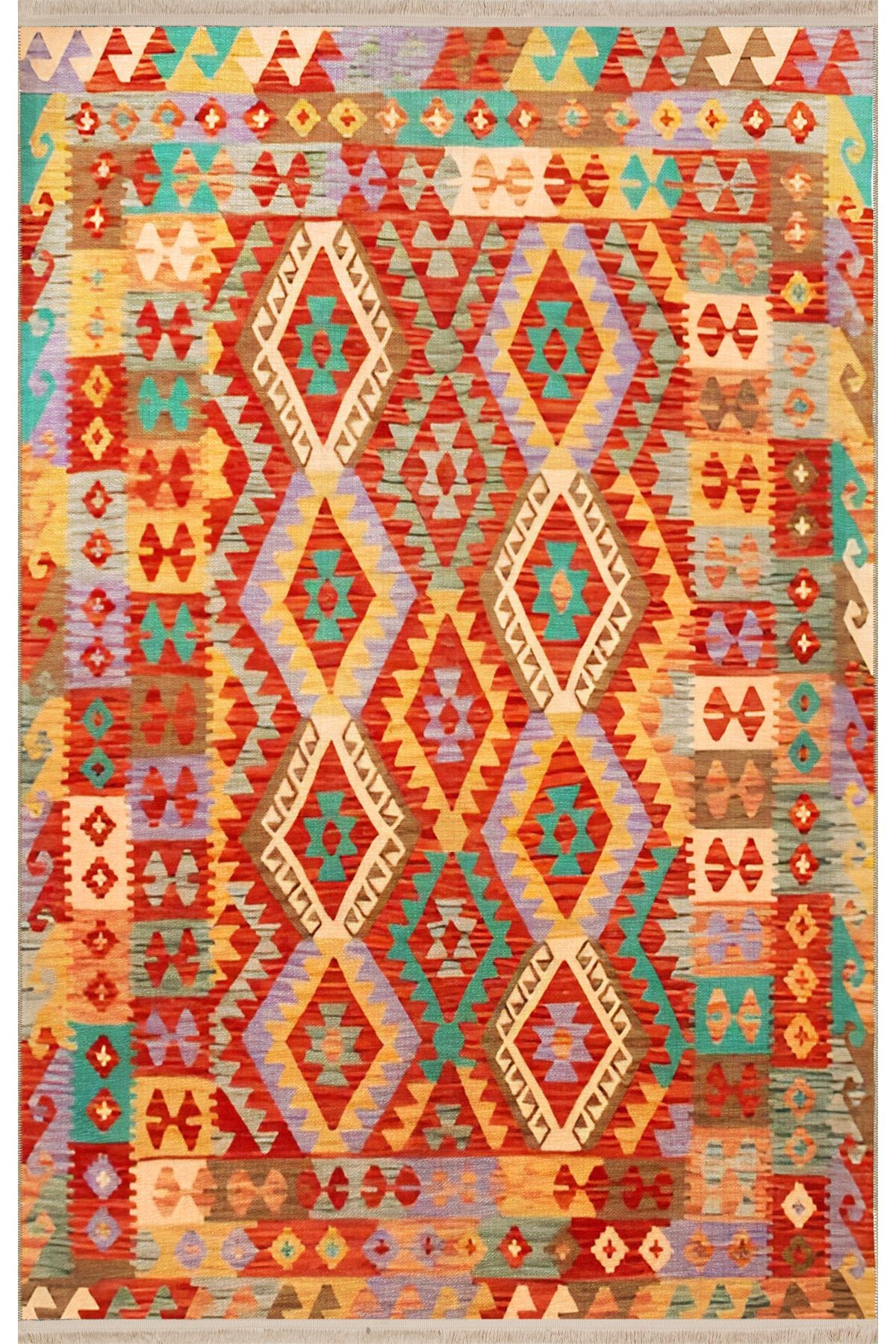 Turuncu Temalı Çok Renkli Geleneksel Motif Desenli Vintage Dekoratif Halı 1983