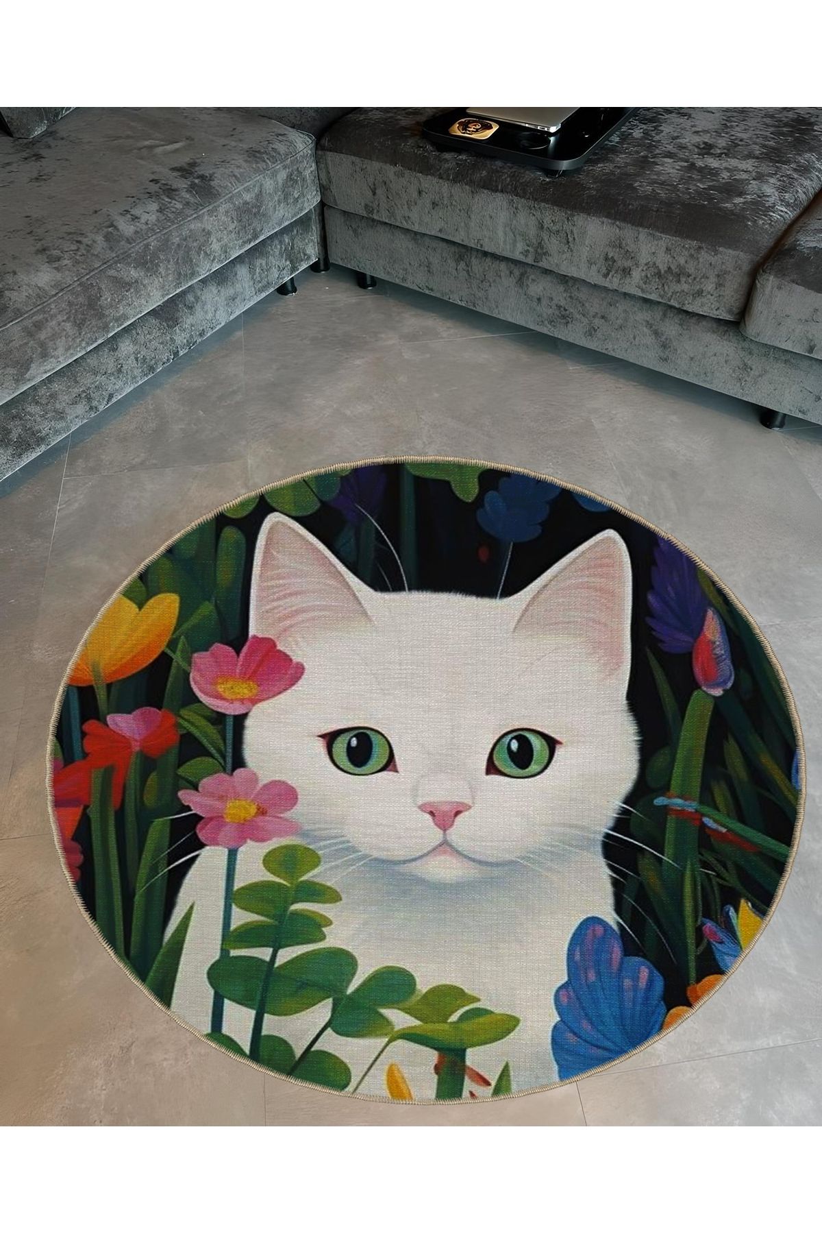 Mira Yuvarlak Çiçek Detaylı Beyaz Kedi Desenli Modern Dekoratif Halı 5530