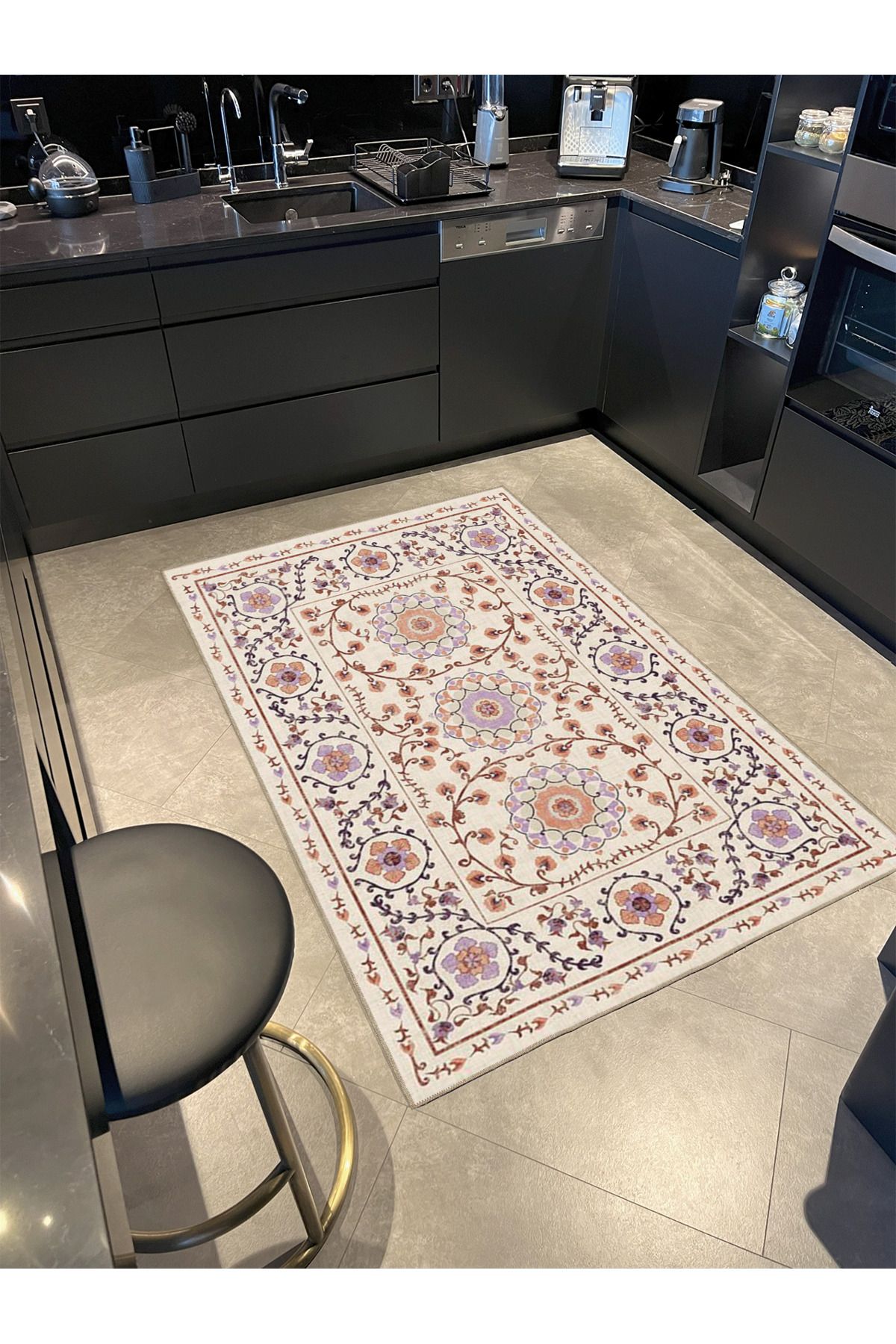 Krem Çiçekli Geometrik Modern Dokuma Taban Halı miravip8106