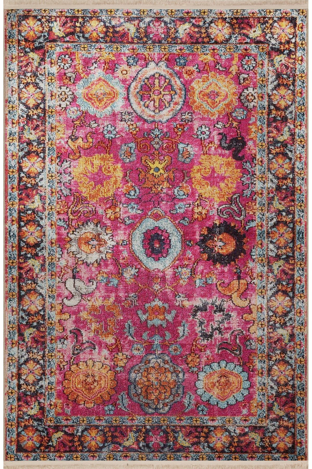 Pembe Temalı Çok Renkli Geleneksel Motif Etnik Desenli Vintage Dekoratif Halı 2661