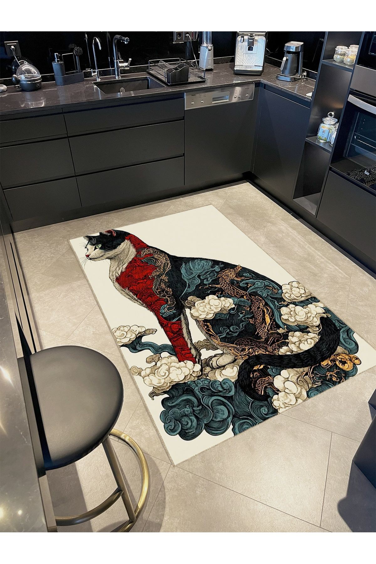 Tuğrul Koleksiyonu Çiçek ve Duman Motifli Soyut Kedi Desenli Dokuma Taban Modern Dekoratif Halı 37