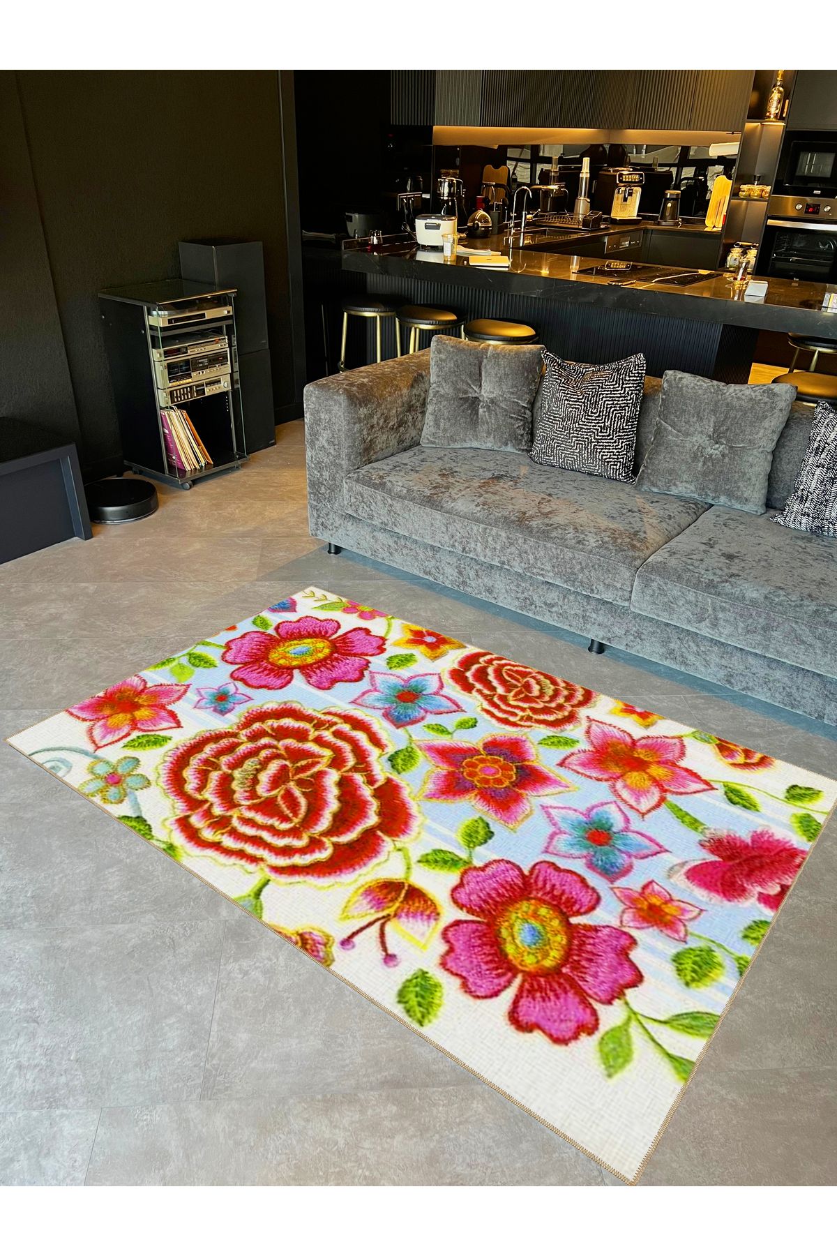 Seda Koleksiyonu Çok Renkli Çiçek Motifli Dokuma Taban Modern Dekoratif Halı seda08