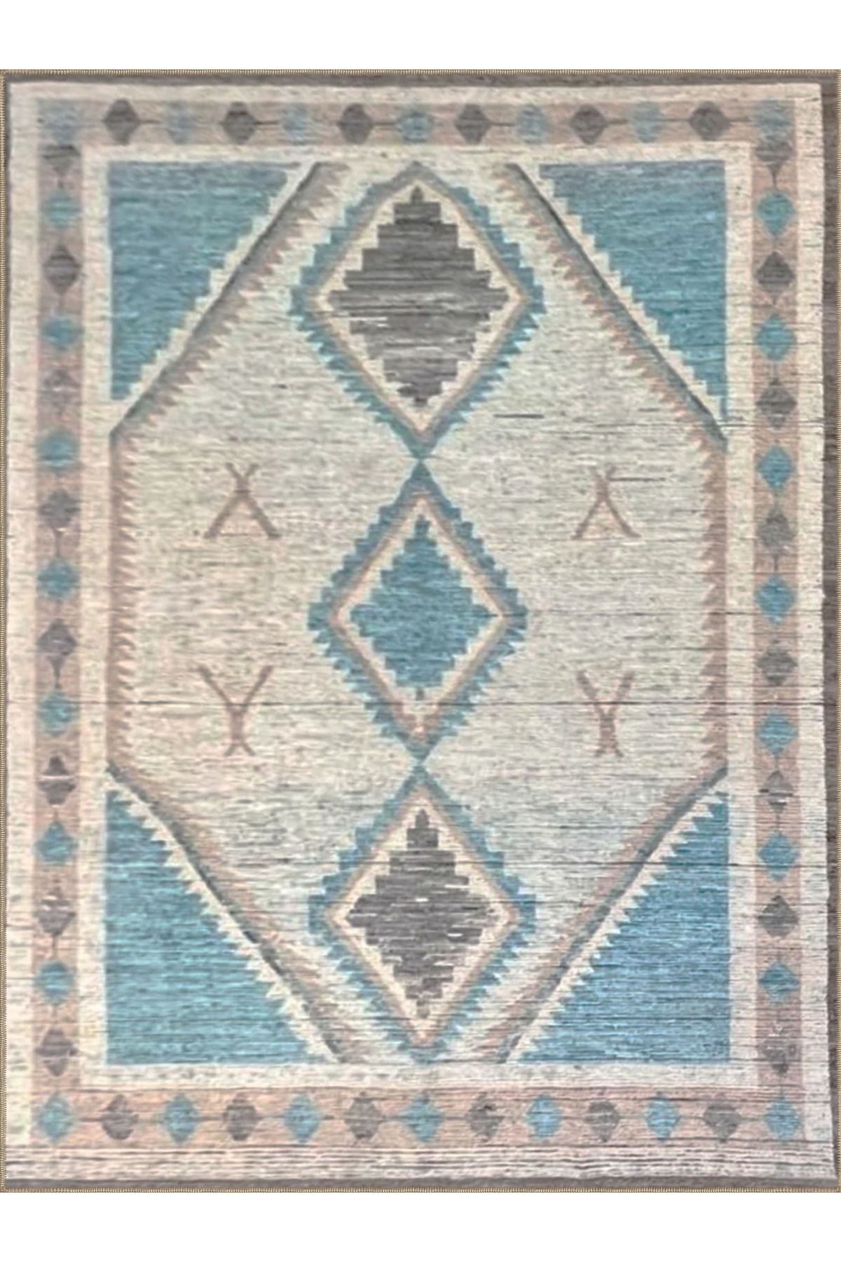 Emre Koleksiyonu Mavi Gri Ton Geleneksel Motif Desenli Dokuma Taban Vintage Dekoratif Halı 23