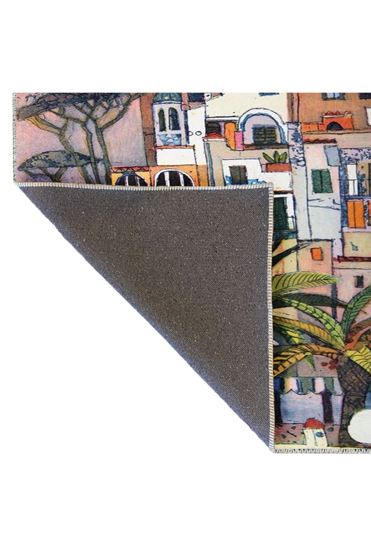 Seda Koleksiyonu Çok Renkli Evler ve Doğa Desenli Dokuma Taban Modern Dekoratif Halı seda40