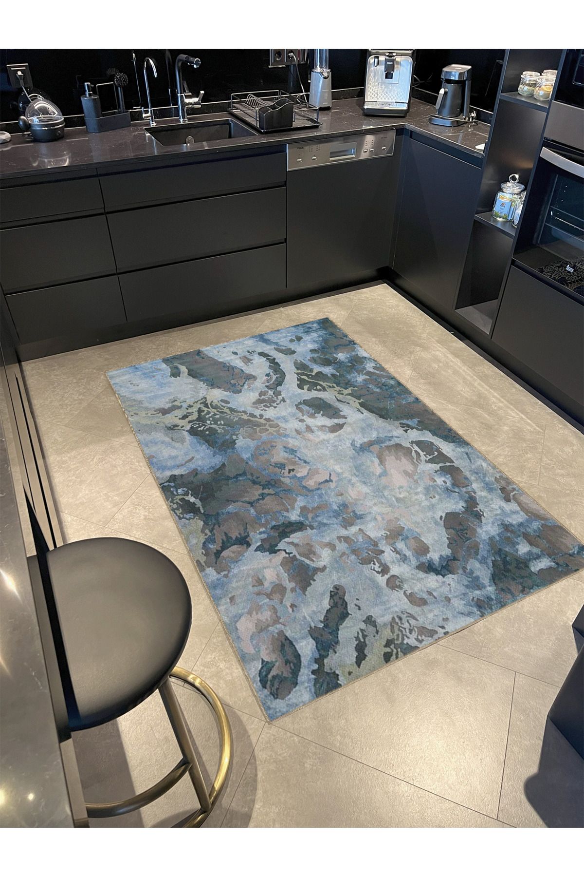 Gri Mavi Temalı Soyut Abstract Desenli Kreatif Modern Dekoratif Halı 3909