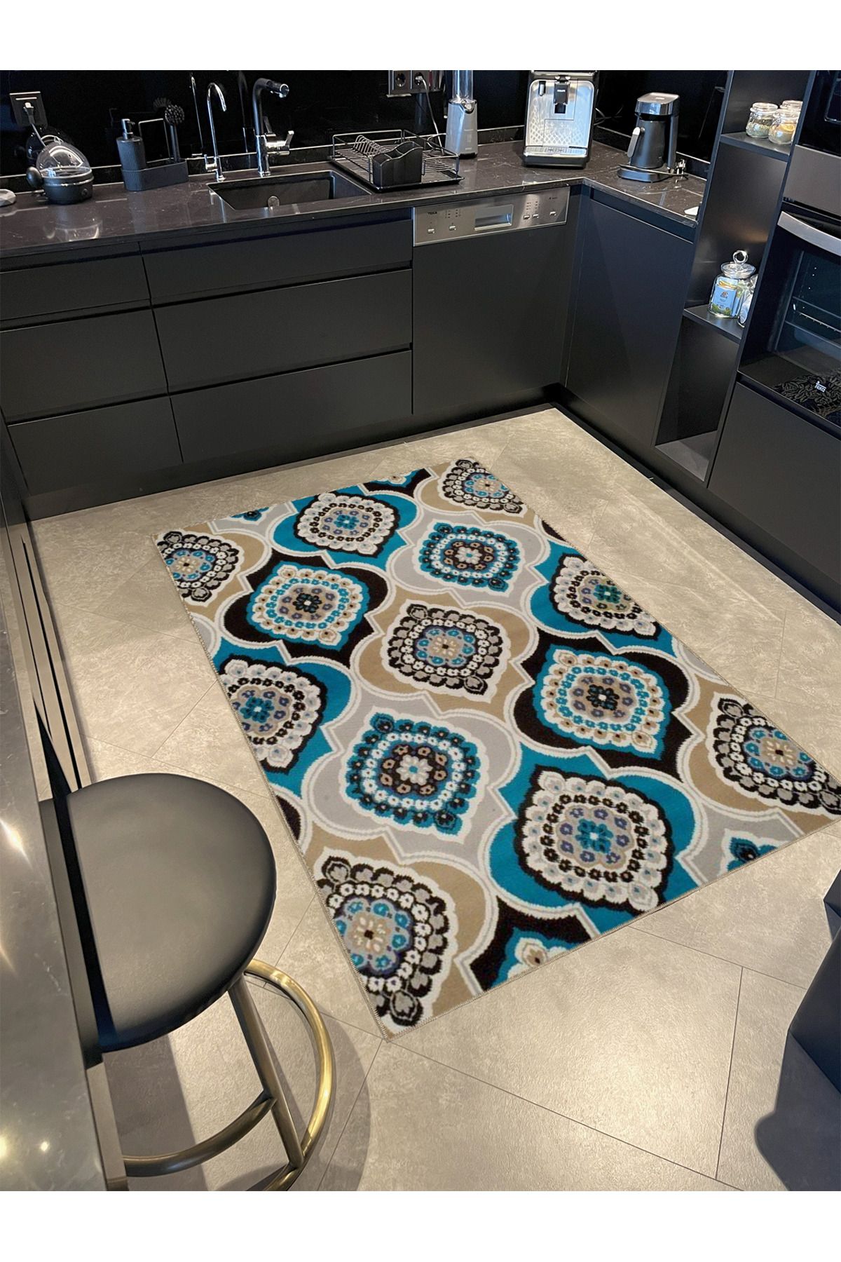 Mavi Bej Temalı Geleneksel Motif Çiçek Desenli Vintage Dekoratif Halı 4658