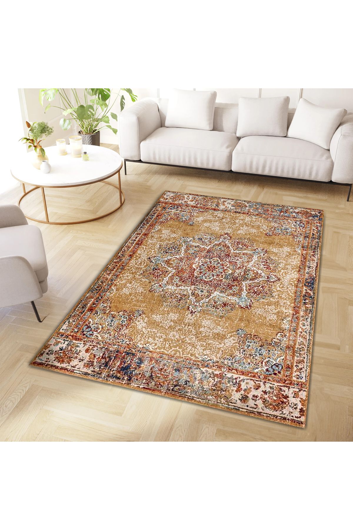 Kuzey Koleksiyonu Turuncu Kahve Tonlarda Eskitme Görünümlü Etnik Dokuma Taban Dekoratif Halı kuzey11