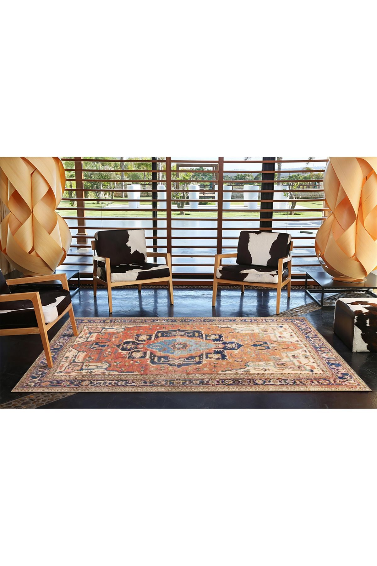 Turuncu Lacivert Temalı Geleneksel Motif Desenli Vintage Dekoratif Halı 3831