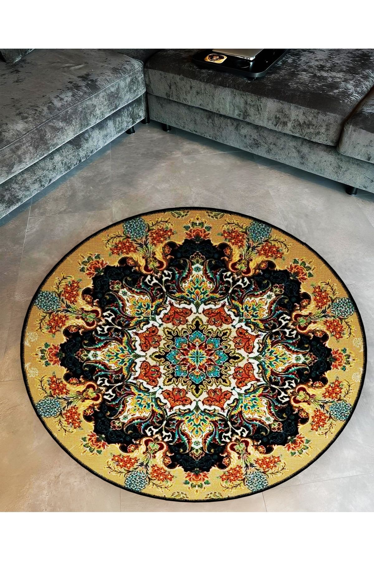 Mira Yuvarlak Sarı Detaylı Antik Dokuma Taban Modern Dekoratif Halı 5678