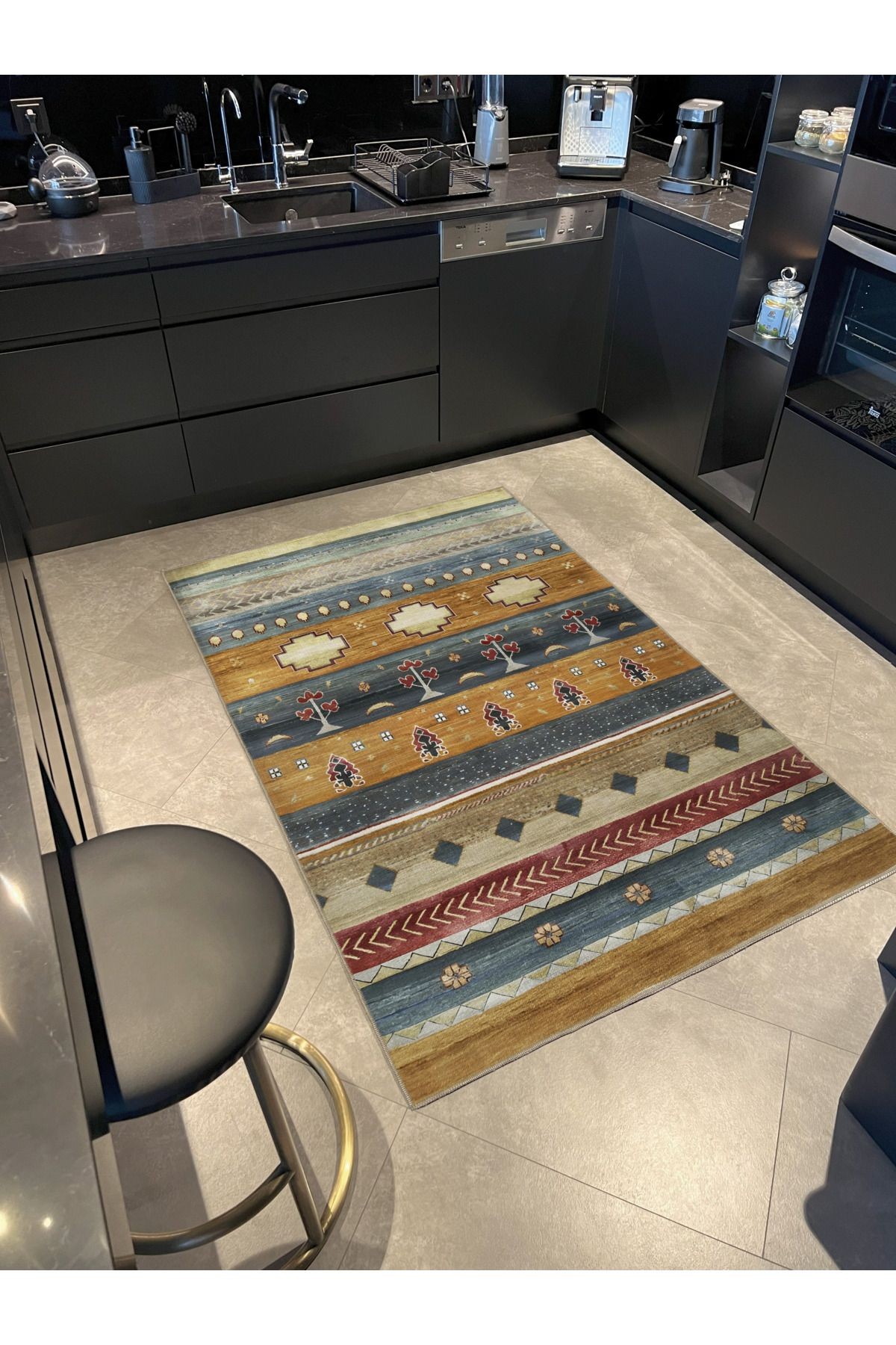Sarı Mavi Temalı Çok Renkli Şerit Bölme Karma Şekil Desenli Modern Dekoratif Halı 2282