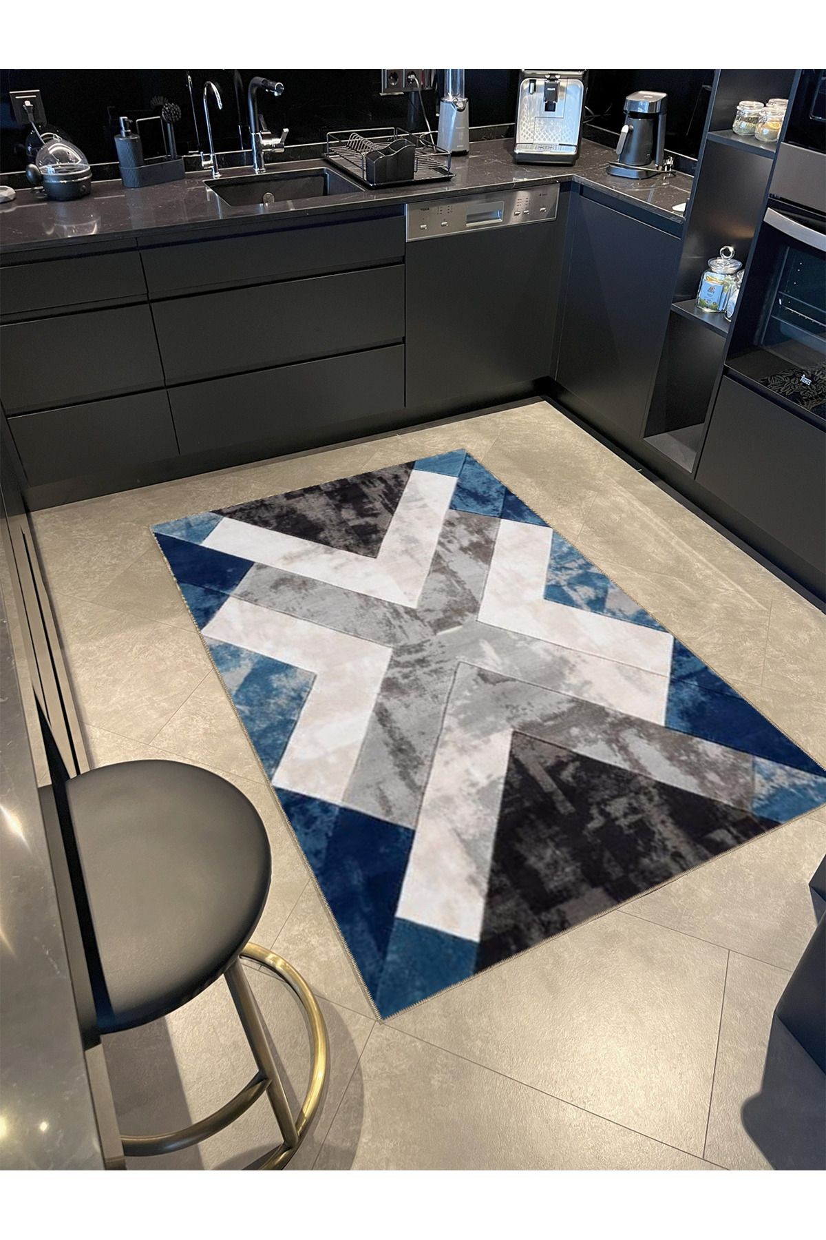 Mavi Bej Temalı Geometrik X Desenli Kreatif Modern Dekoratif Halı 4722