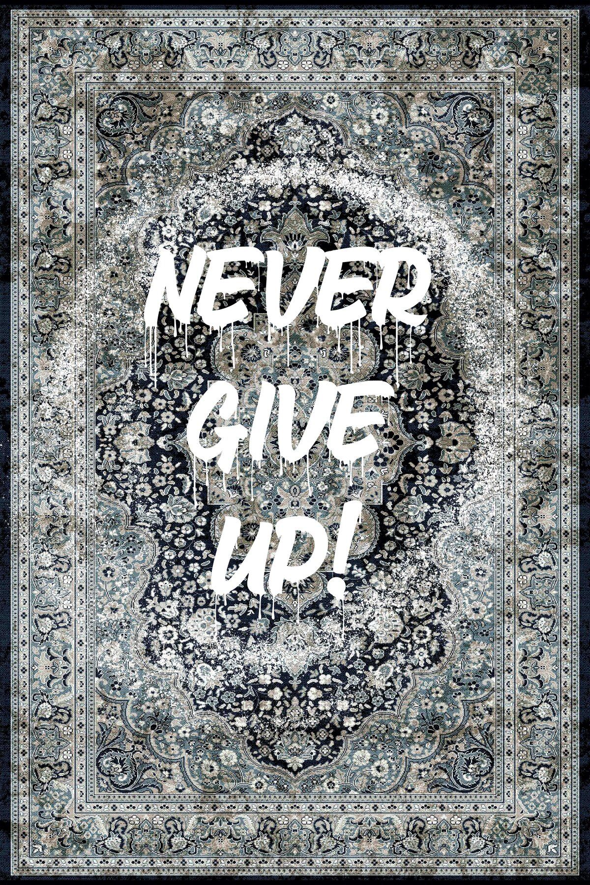 Fiorella Never Give Up yazılı Yeşil vintage Dokuma Taban  Dekoratif Halı 7014