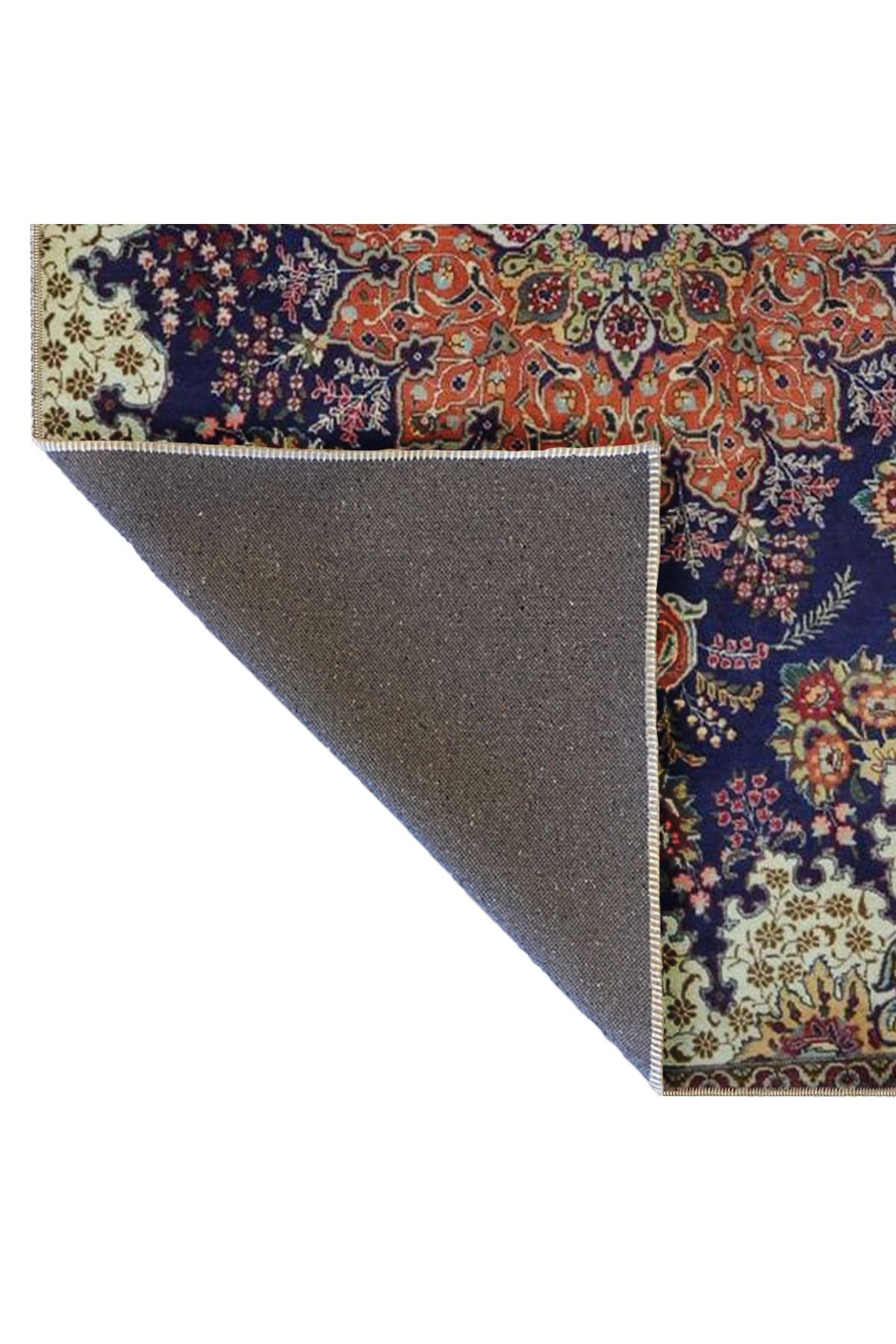 Bej Lacivert Temalı Çok Renkli Geleneksel Motif Çiçek Desenli Etnik Vintage Dekoratif Halı 4897