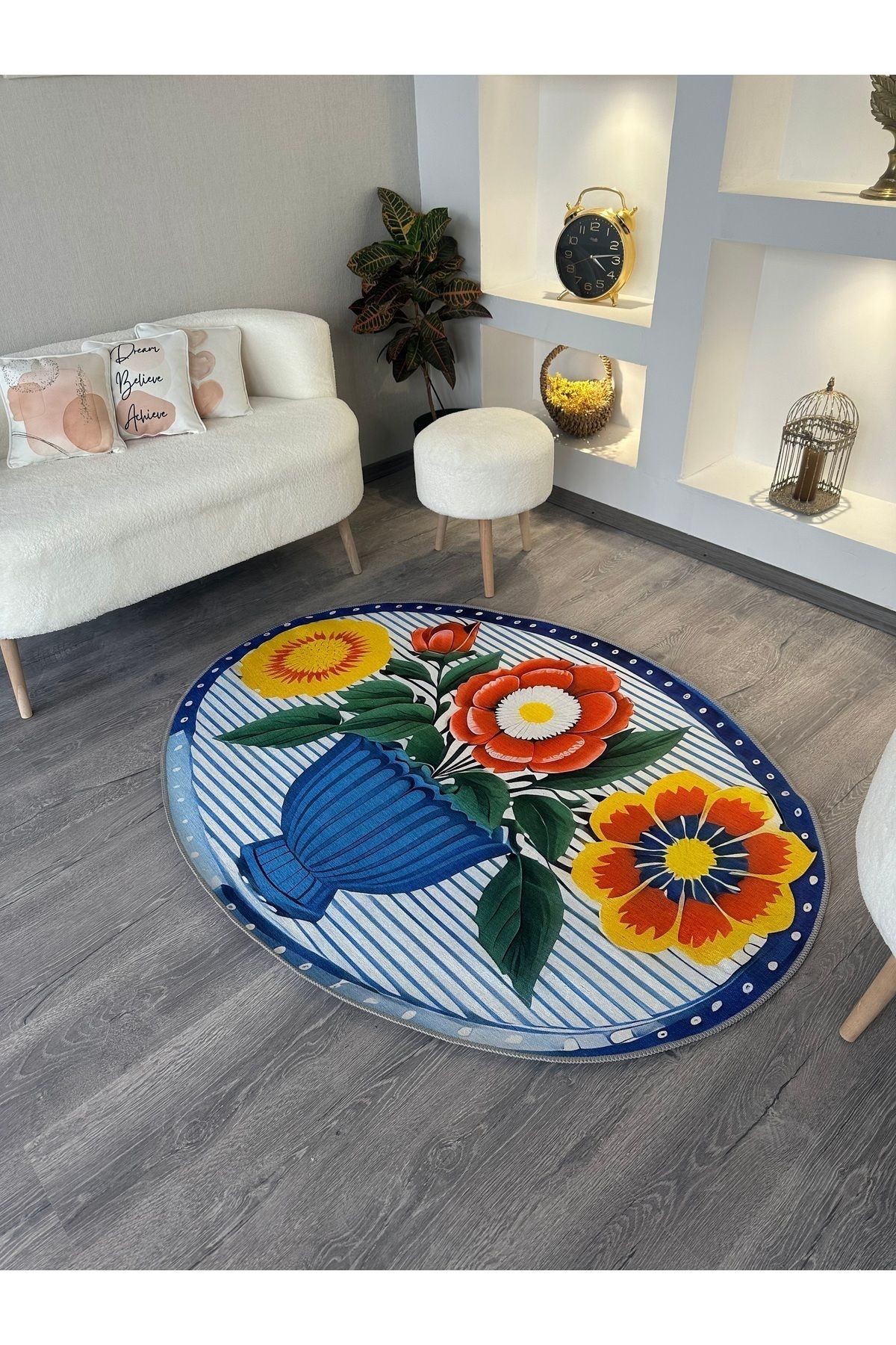 Leyla Koleksiyonu Vazoda Çiçekler Desenli Elips Dokuma Taban Dekoratif Halı leyla53