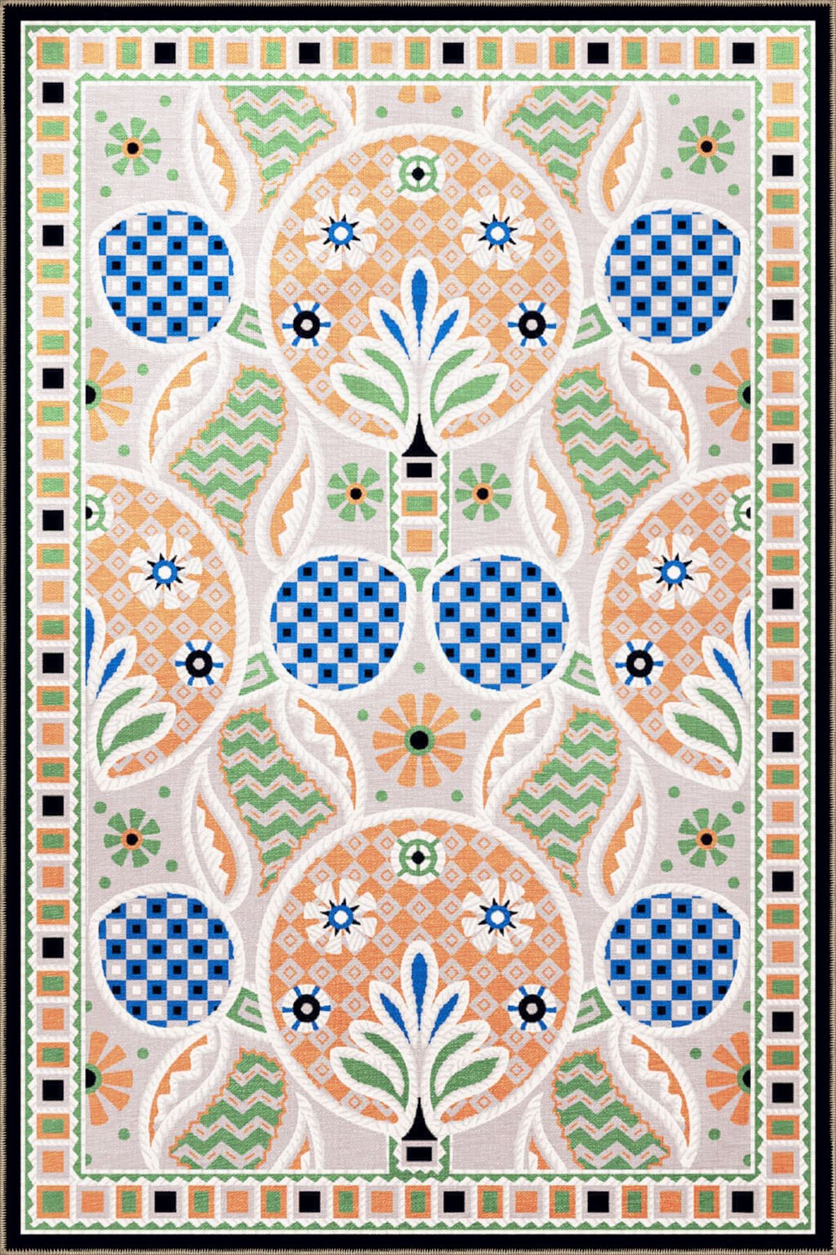 Turuncu Yeşil Temalı Geometrik Figür ve Çiçek Desenli Modern Dekoratif Halı 3414