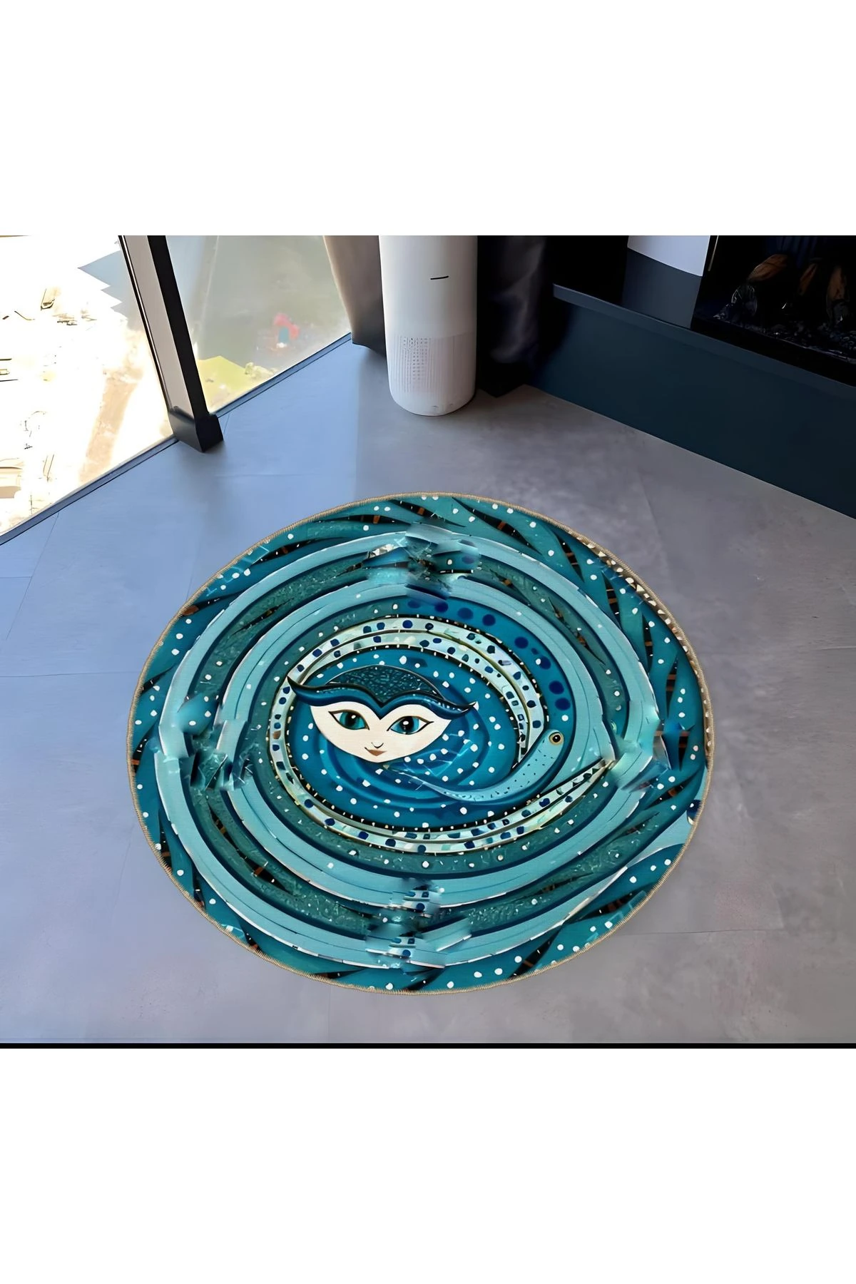 Shape Koleksiyonu Yuvarlak Mavi Yüz Detaylı Desenli Dokuma Taban Halı Shape68