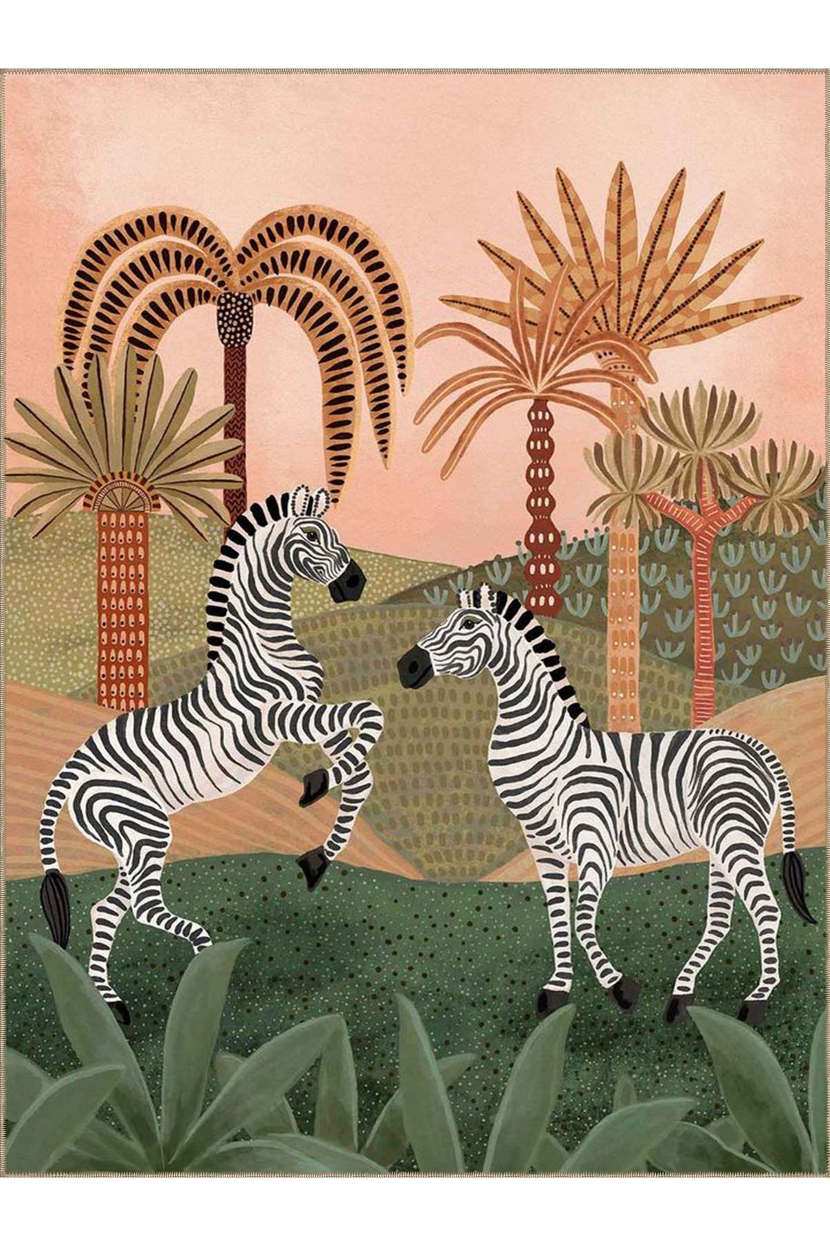 Emre Koleksiyonu Tropikal Tema Palmiye Ağaçları ve Zebra Desen Dokuma Taban Modern Dekoratif Halı 32