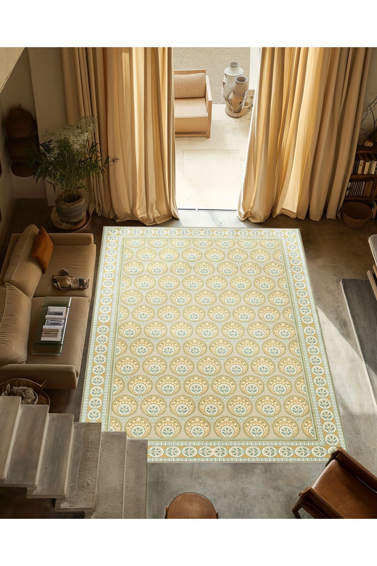 Bej Temalı Geleneksel Motif Etnik Desenli Vintage Dekoratif Halı 3354