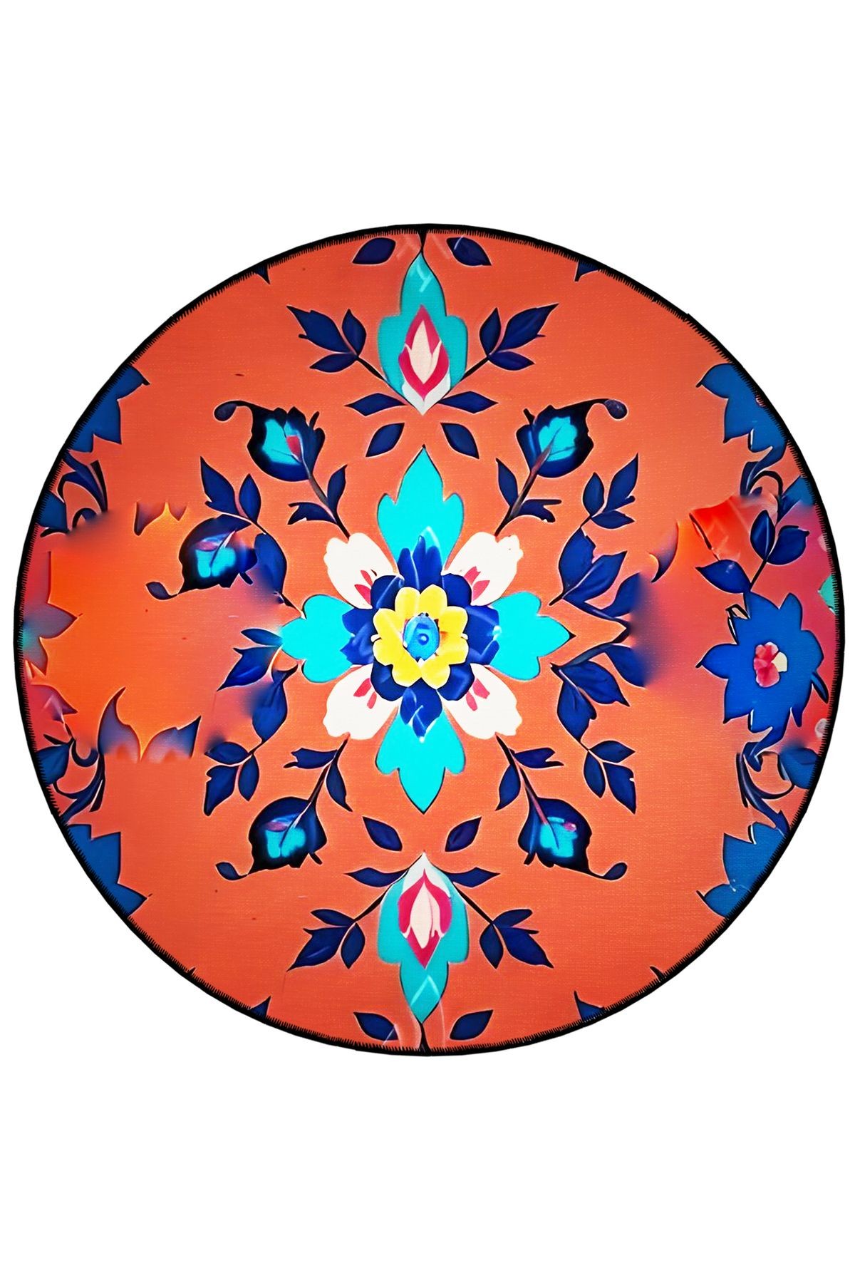 Mira Yuvarlak Turuncu Mavi Çiçek Yaprak Desenli Dokuma Taban Modern Dekoratif Halı 5711