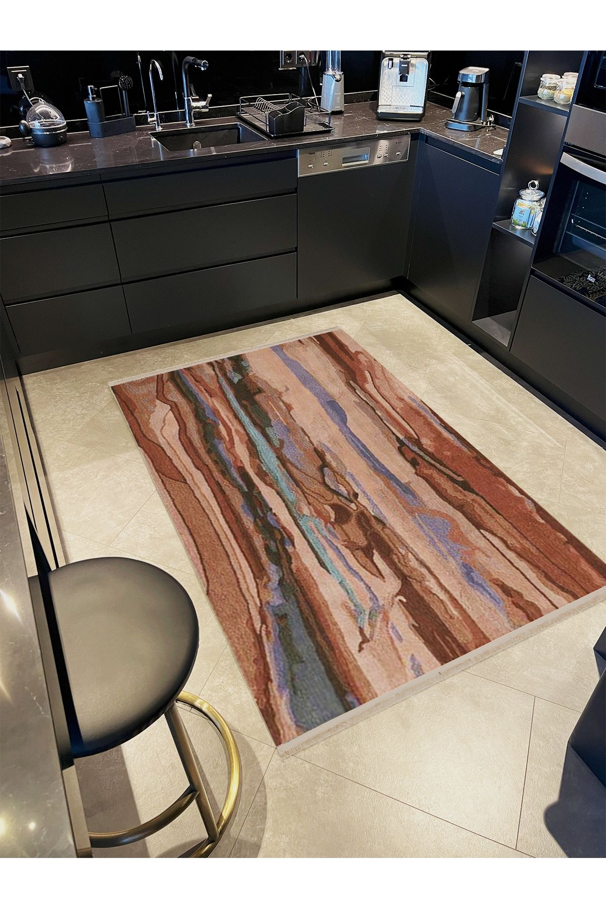 Kahverengi Tonlarda Soyut Desenli Dokuma Taban Dekoratif Halı Lina33