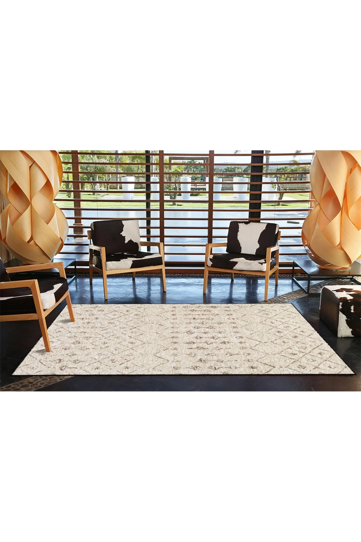 Krem Tonlarda Küp Geometrik Baklavalı Desenli Dokuma Taban ve Yıkanabilir Halı miravip9387