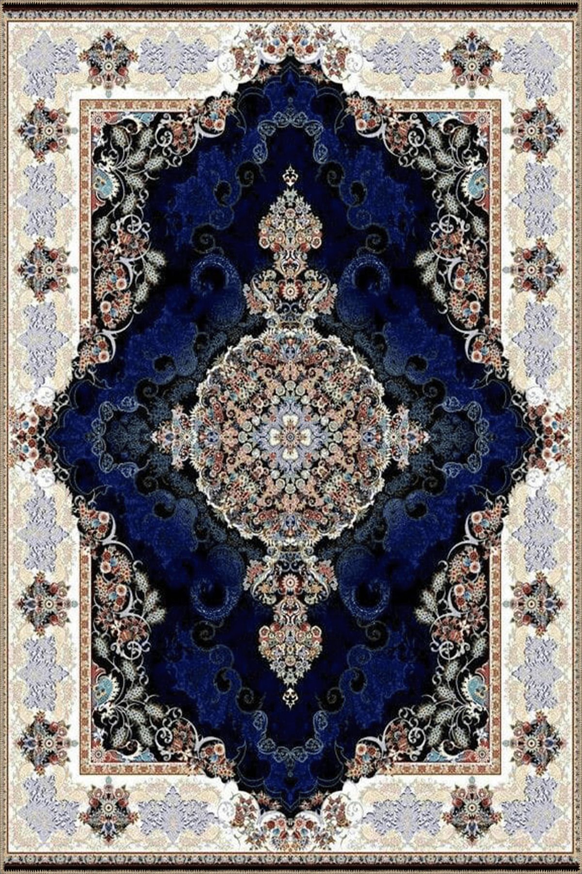 Lacivert Temalı Çok Renkli Geleneksel Motif Çiçek Desenli Vintage Dekoratif Halı 4890