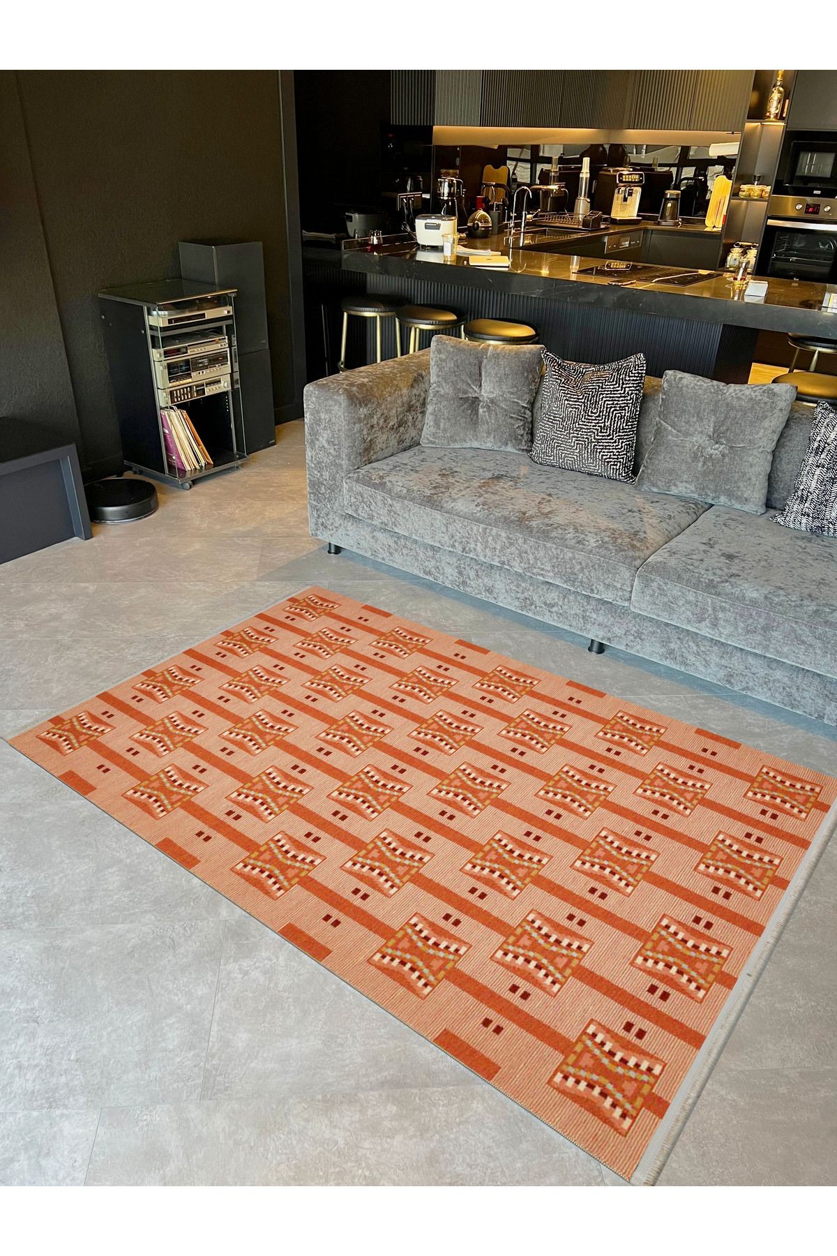 Paris Koleksiyonu Kiremit Renk Geometrik Motif Desenli Vintage Dekoratif Halı 169
