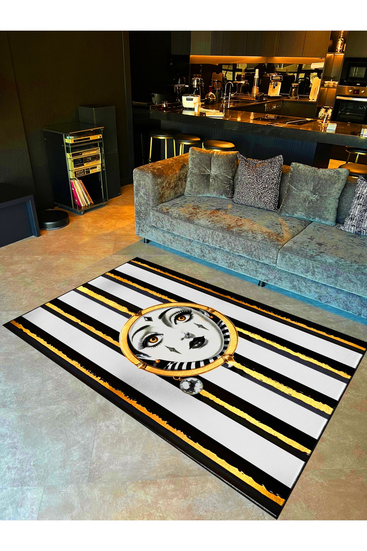 Siyah Beyaz Çizgi Temalı Gold Yüz Desenli Dokuma Taban Halı ve Yıkanabilir Halı miraface05