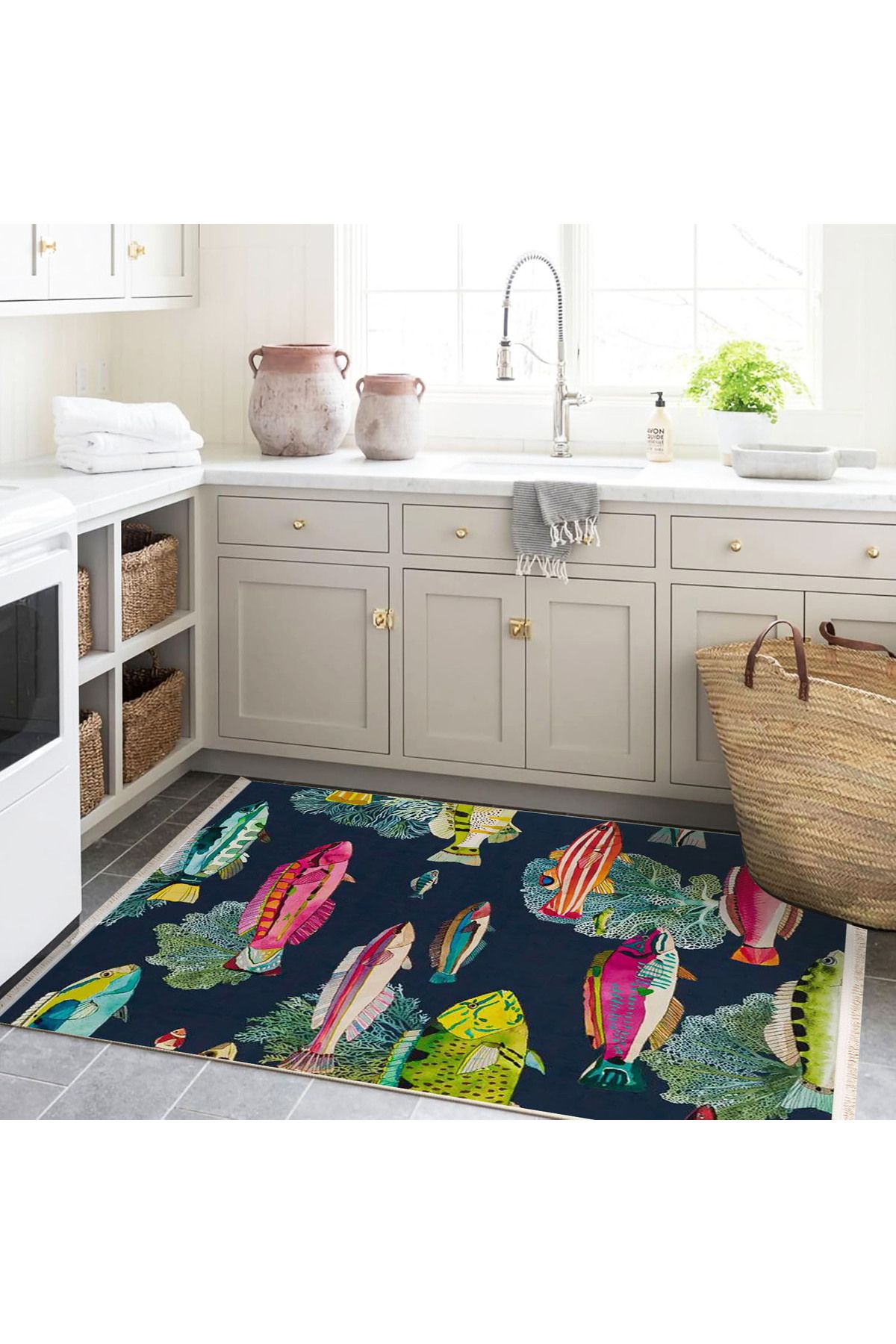 Güney Koleksiyonu Çok Renkli Soyut Balık Figürleri Desenli Modern Dekoratif Halı 07