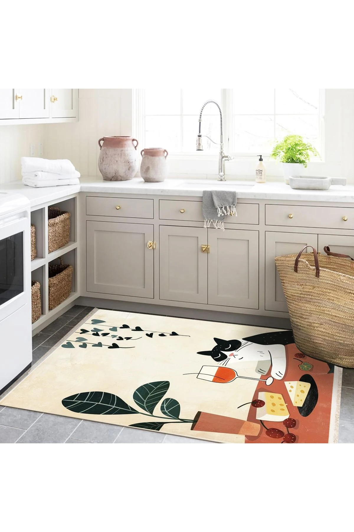 Özge Koleksiyonu Kedi Kadeh ve Peynir Desenli Dokuma Taban Modern Dekoratif Halı özge44