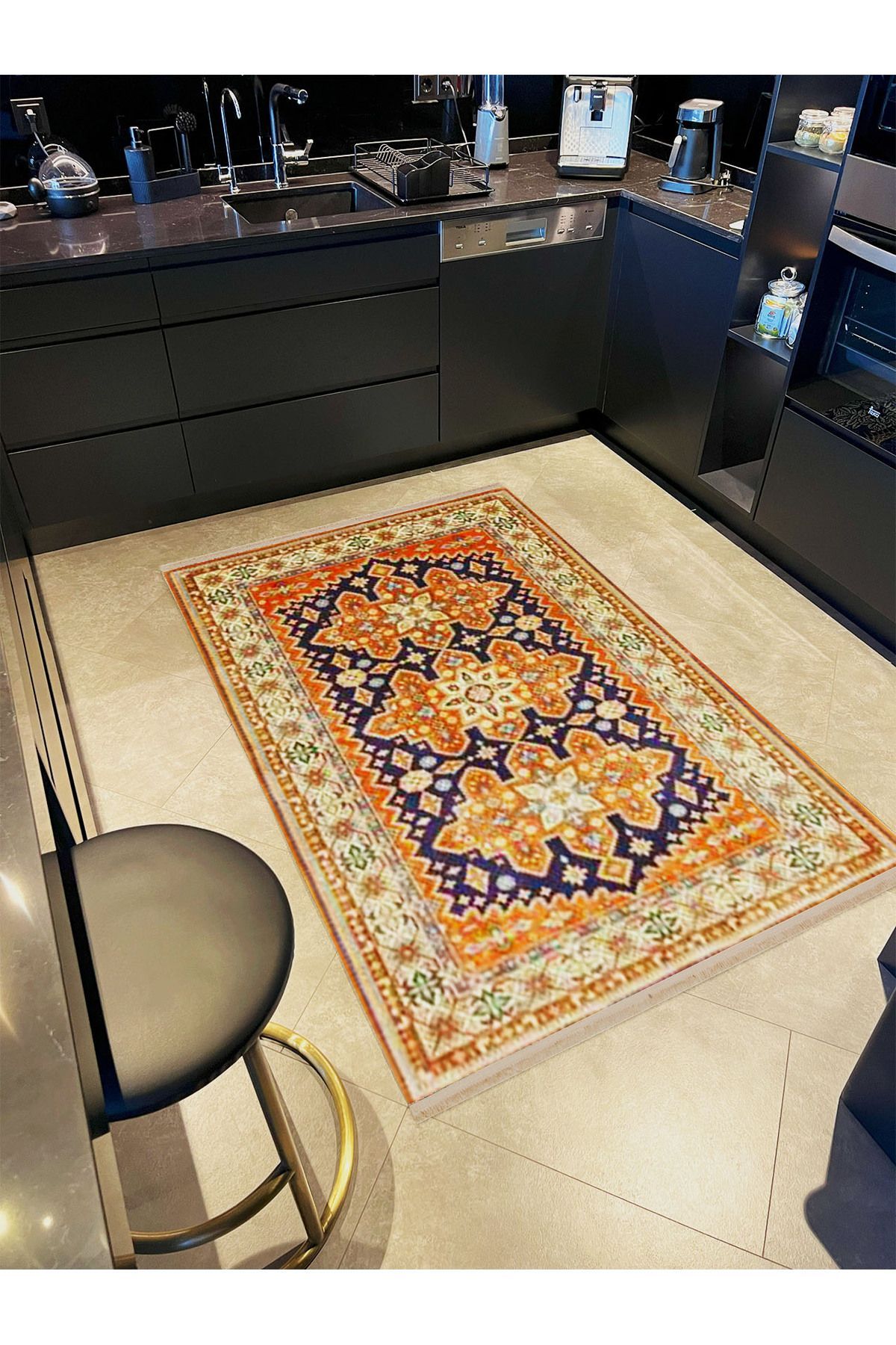 İnci Koleksiyonu Lacivert Bej Tema Geleneksel Desenli Dokuma Taban Vintage Dekoratif Halı inci19