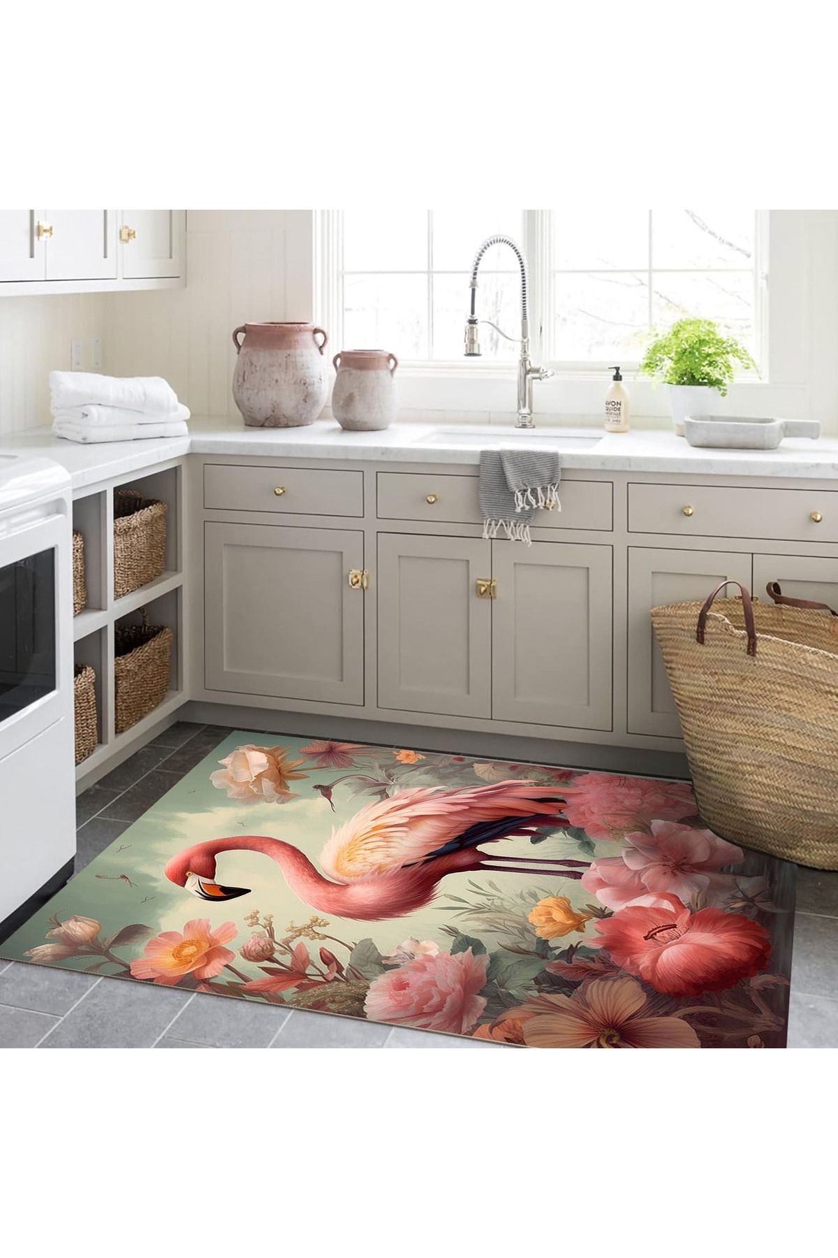 Kubilay Koleksiyonu Çok Renkli Çiçek Detaylı Flamingo Desenli Dokuma Taban Modern Dekoratif Halı 26