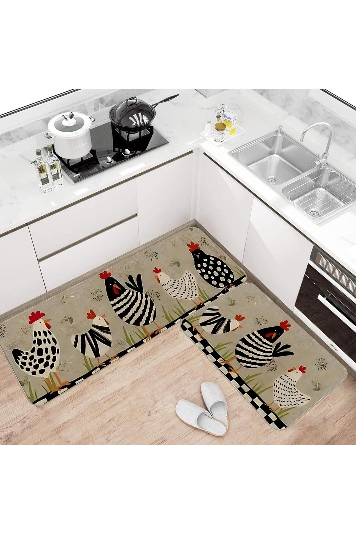 Alya Koleksiyonu Tavuk Desenli 2'li Modern Dekoratif Halı Takımı (60x90, 60x150) alya90