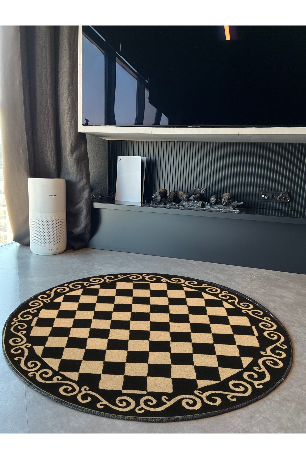 Mira 1119 Yuvarlak Dama Desenli Siyah Bej Dokuma Taban Halı