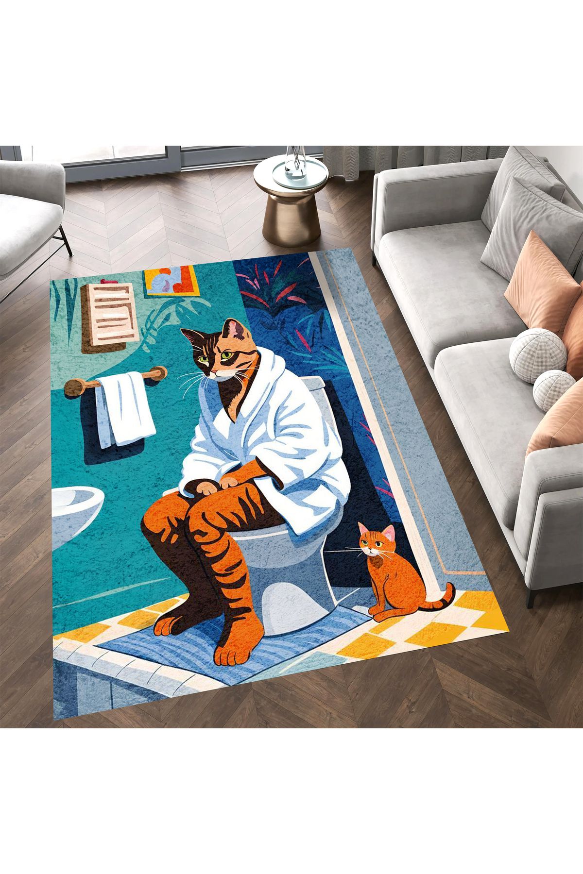 Kuzey Koleksiyonu Renkli Banyoda Beyaz Bornozlu Kedi Desenli Dokuma Taban Dekoratif Halı kuzey32