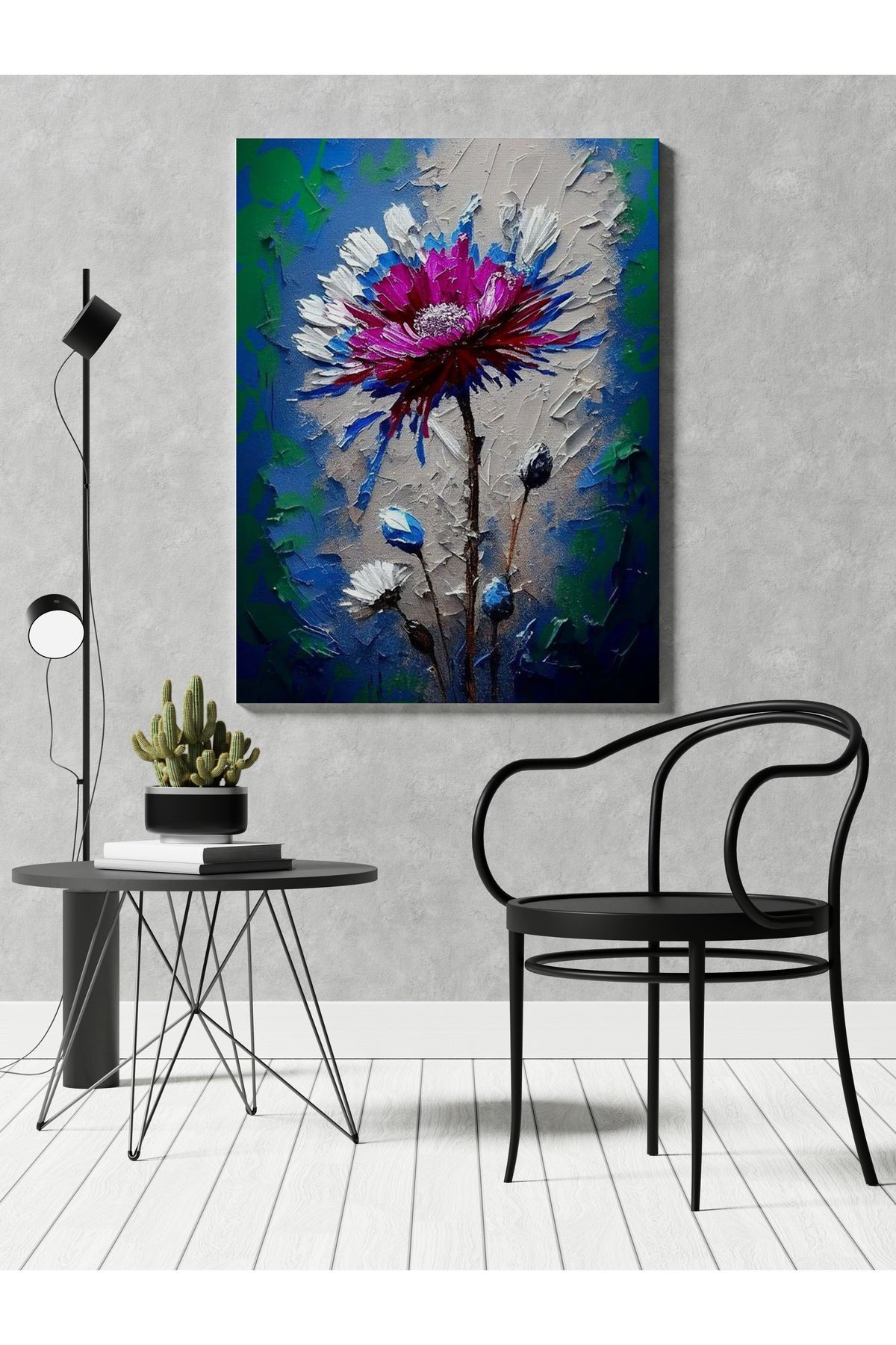 Kanvas Tablo Mavi Temalı Çiçek Desenli Modern Tablo